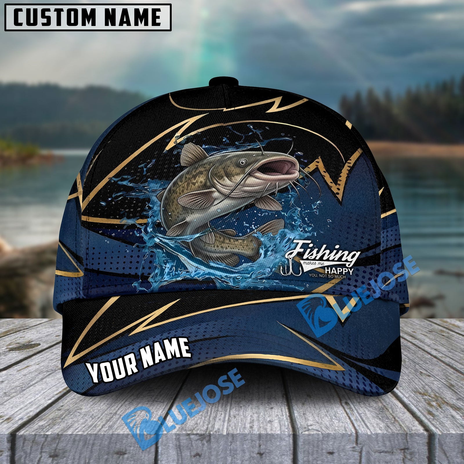 BlueJose Fishing Water Splash Navy Gold Pattern Personalized Name Classic 3D Cap Personalized Cap (13 Breeds)