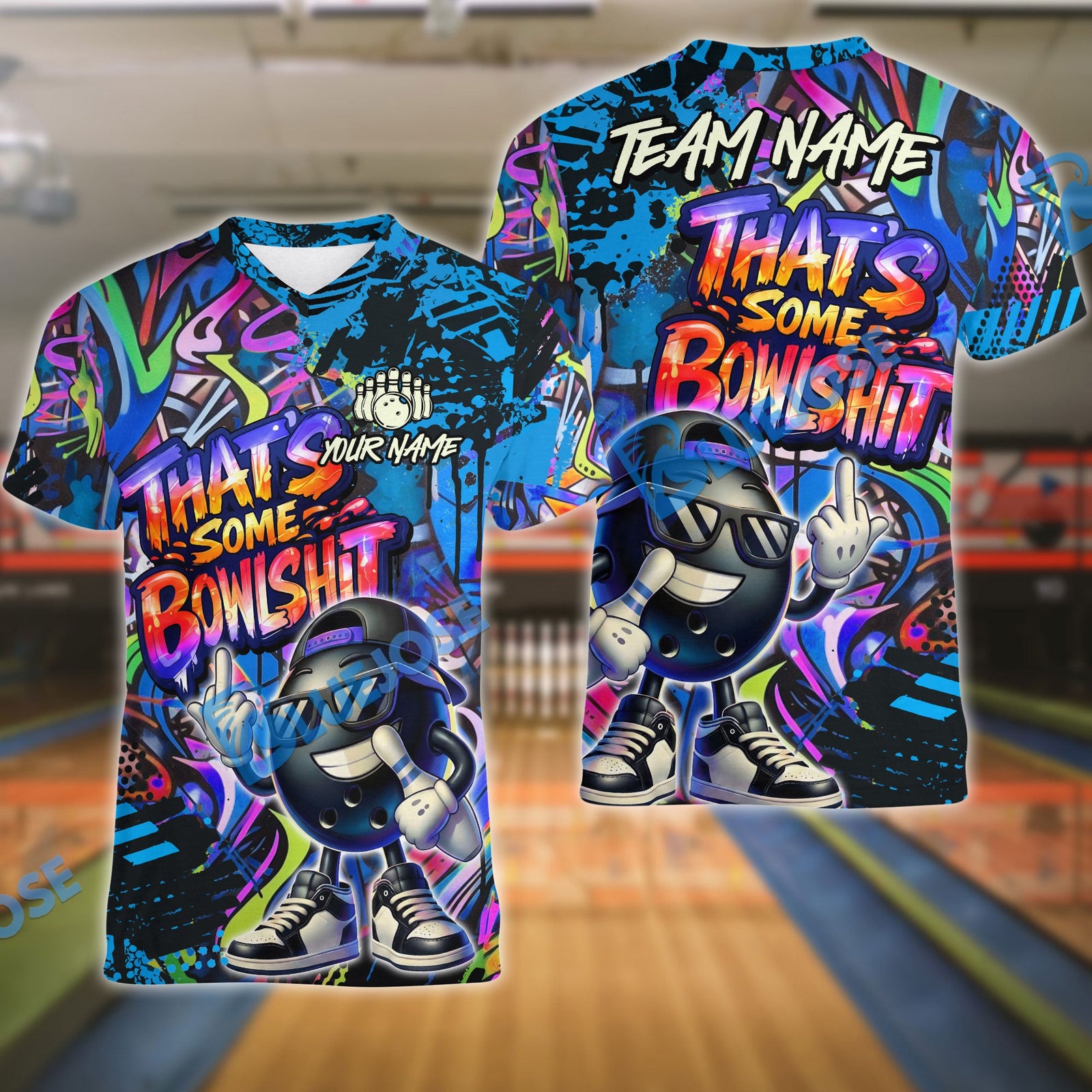 BlueJose Bowling & Pins Funny Graffiti Cool Cartoon Street Art Design That's Some Bowlshit Customized Name, Team Name 3D Shirt (4 Colors)