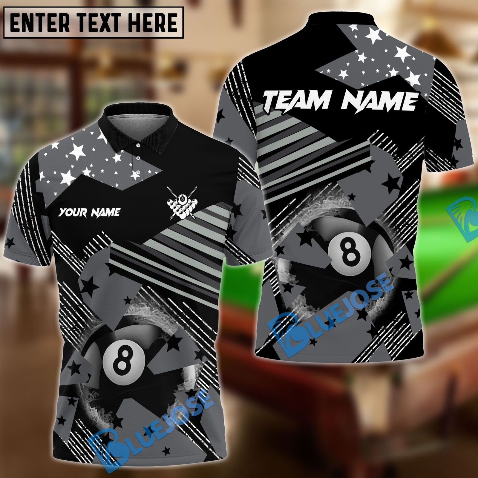 BlueJose Billiards Ball 8 Proud American Flag Pattern Personalized Name, Team Name Unisex Shirt ( 4 Colors )