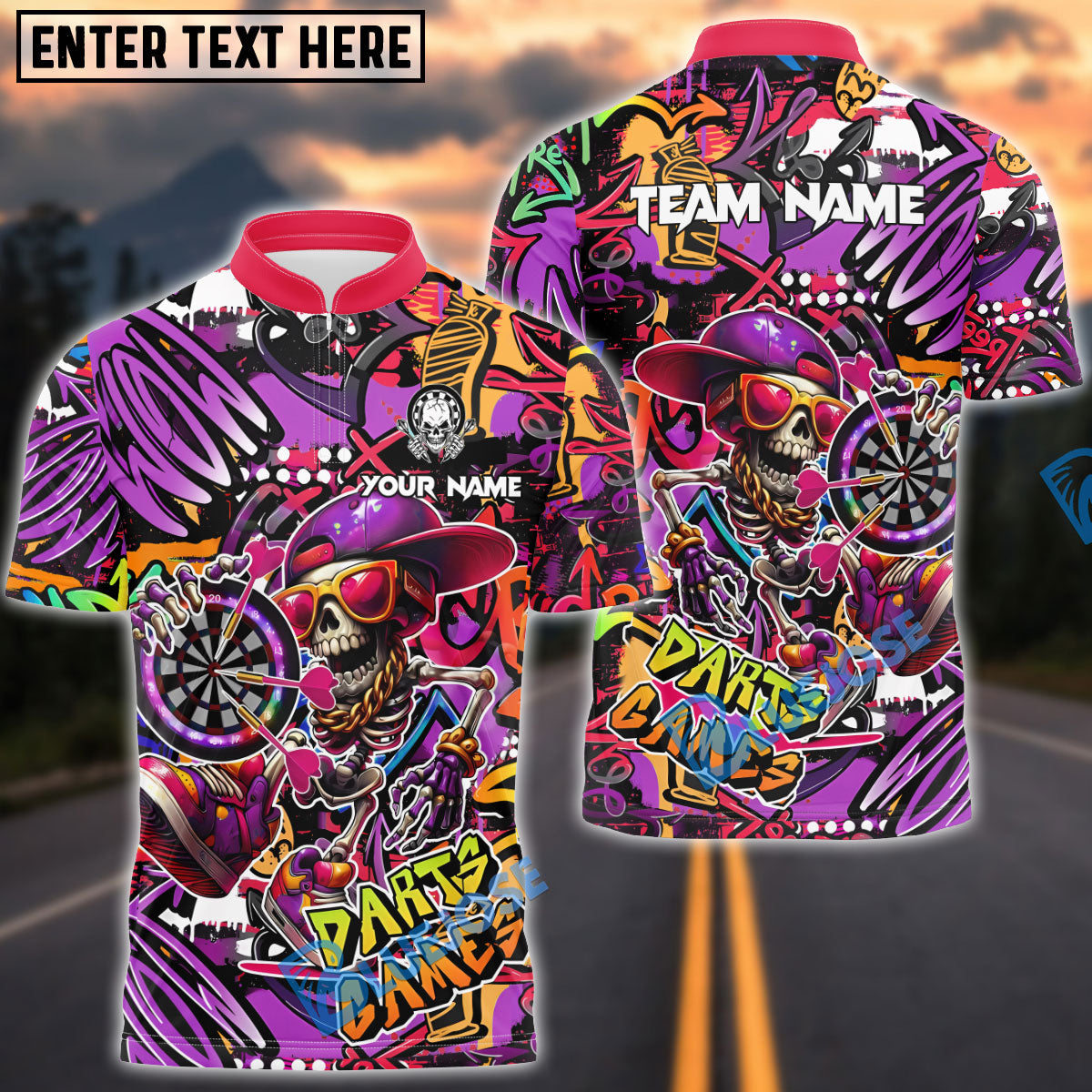 BlueJose Darts Funny Skull Colorful Graffiti Personalized Name, Team Name Shirt (4 Colors)