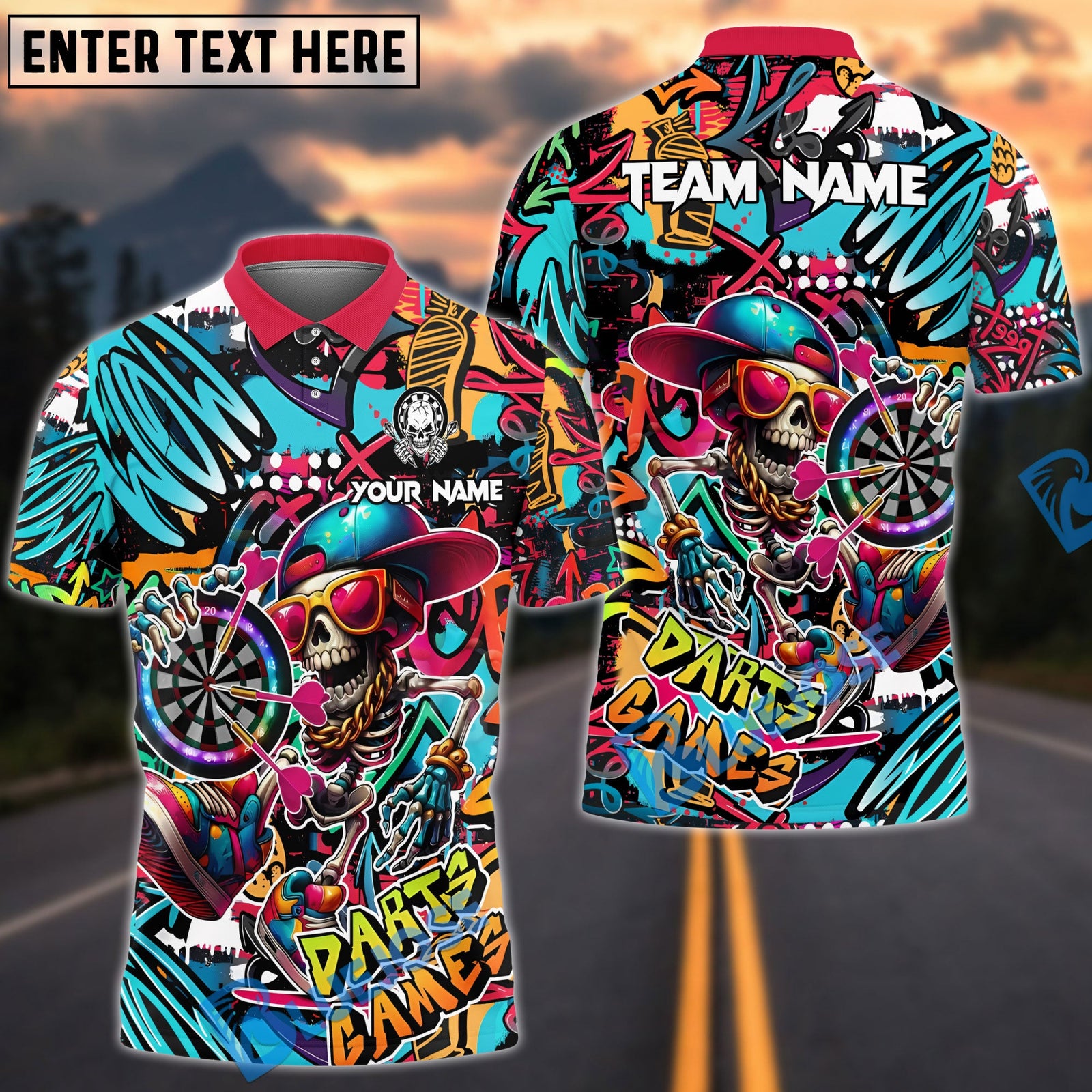 BlueJose Darts Funny Skull Colorful Graffiti Personalized Name, Team Name Shirt (4 Colors)