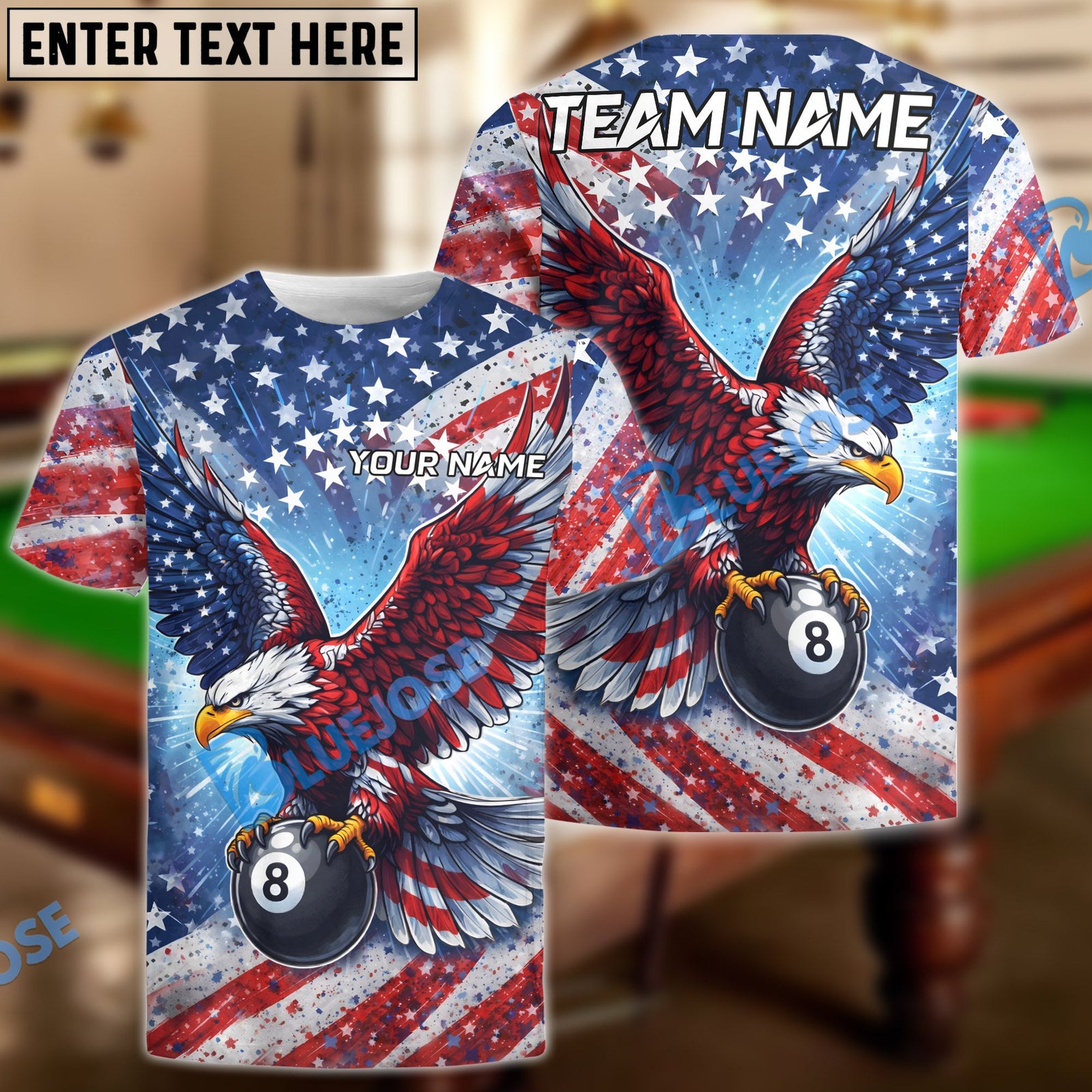 BlueJose Billiards 8 Ball USA Flag Eagle Personalized Shirt