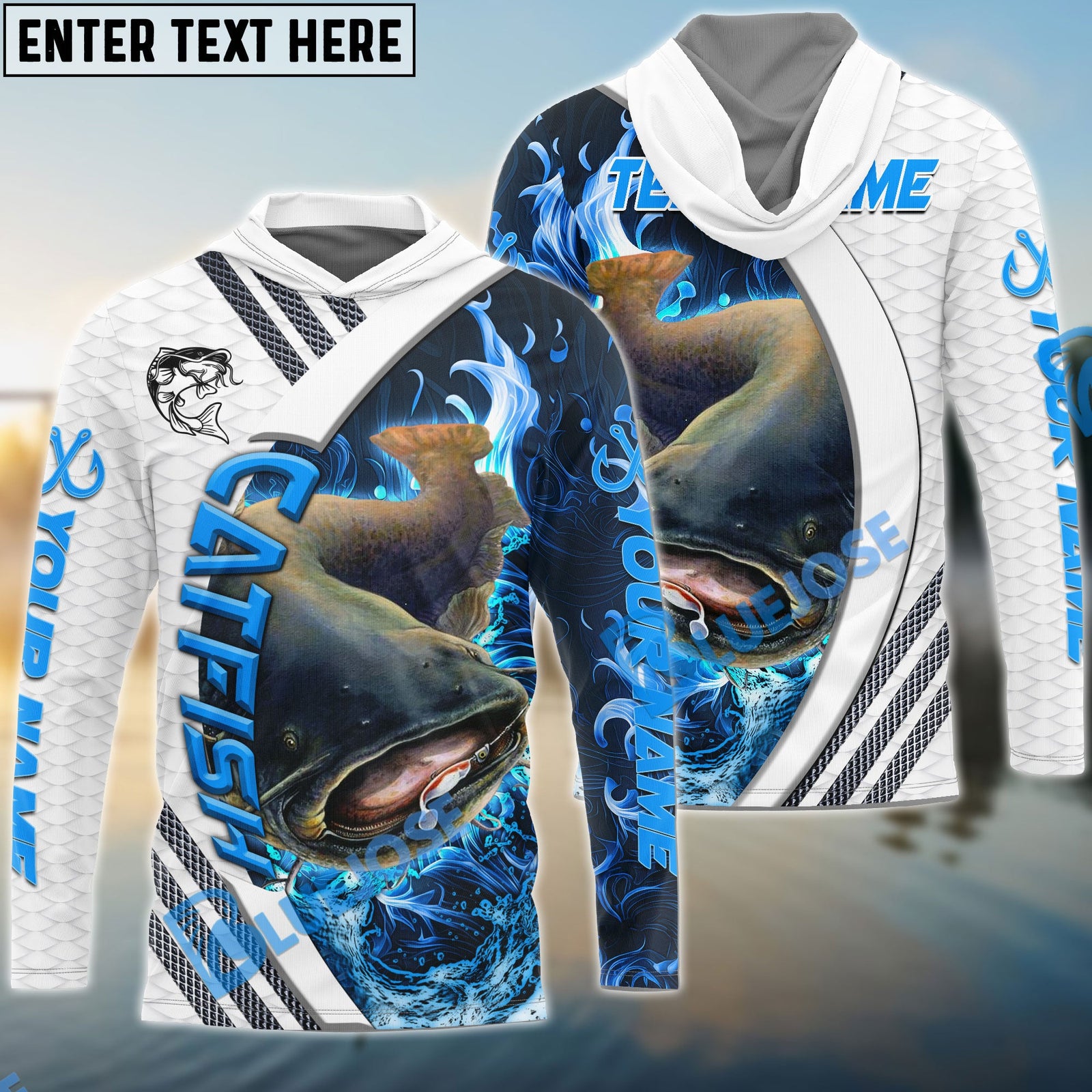 Bluejose Catfish Fishing White Blue Lava Sport Custom Name & Team Name 3D Shirts