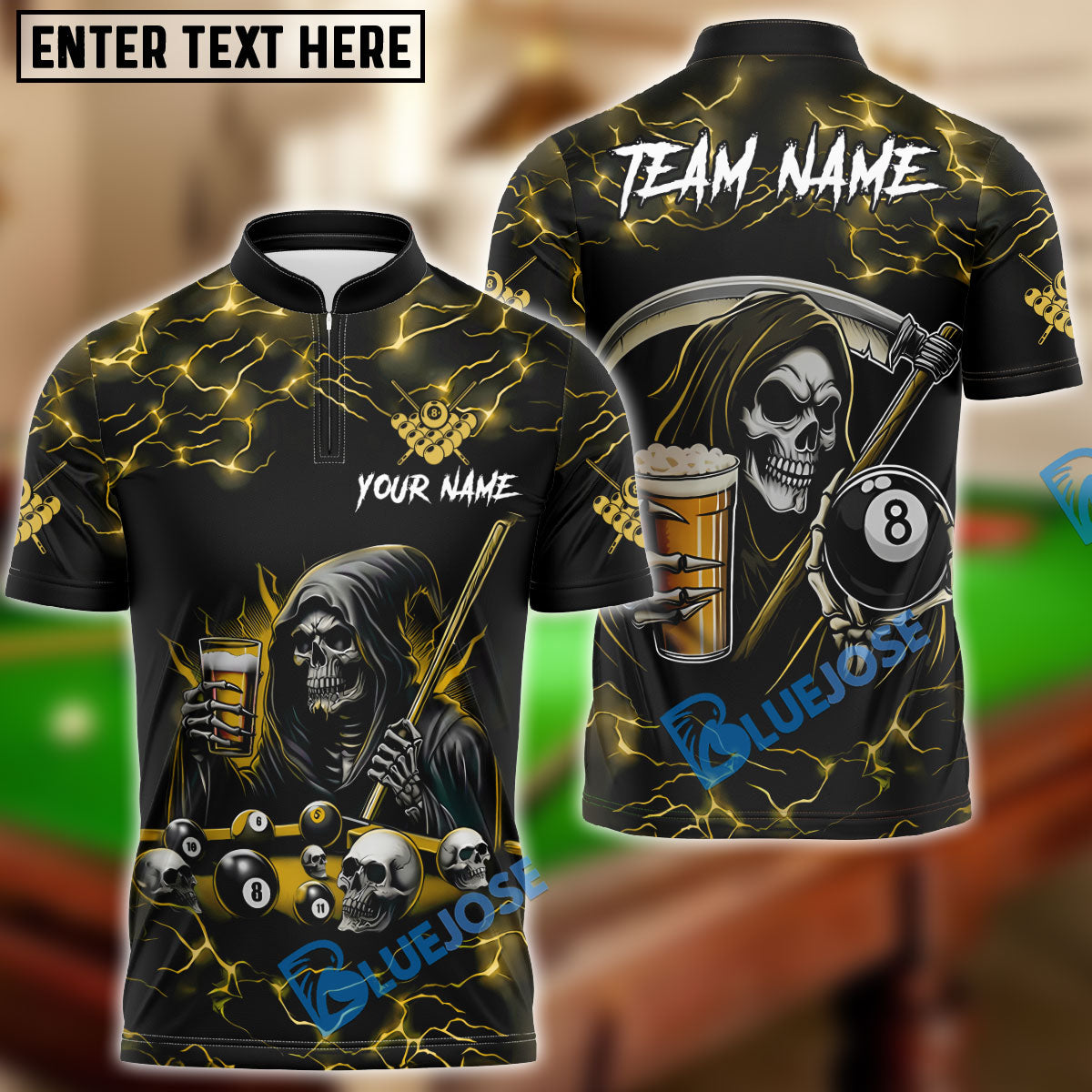 BlueJose Billiards Ball 8 Death Skeleton & Beer Personalized Shirt (6 Colors)