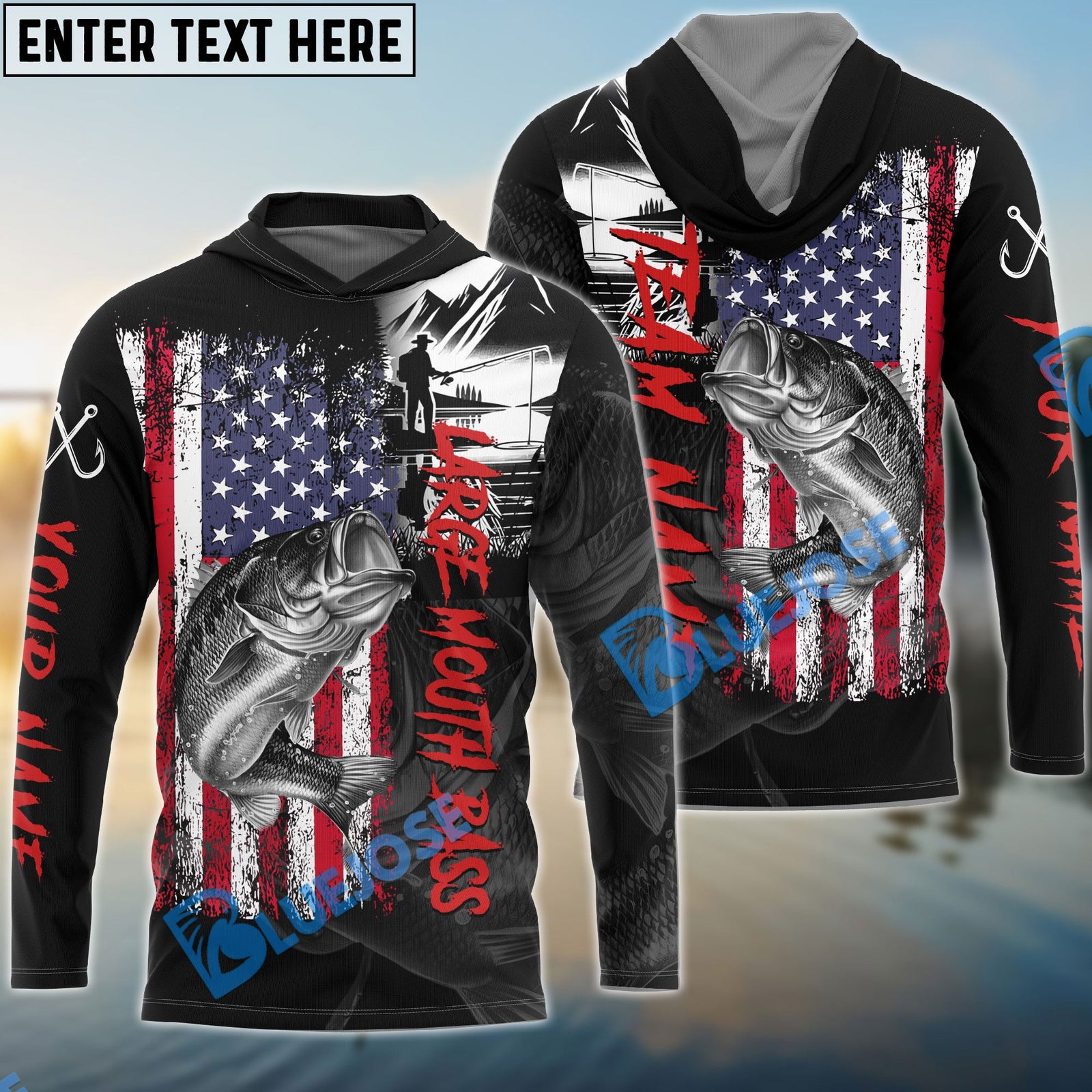 Bluejose Large Mouth Bass Fishing Black US Flag Sport Custom Name & Team Name 3D Shirts