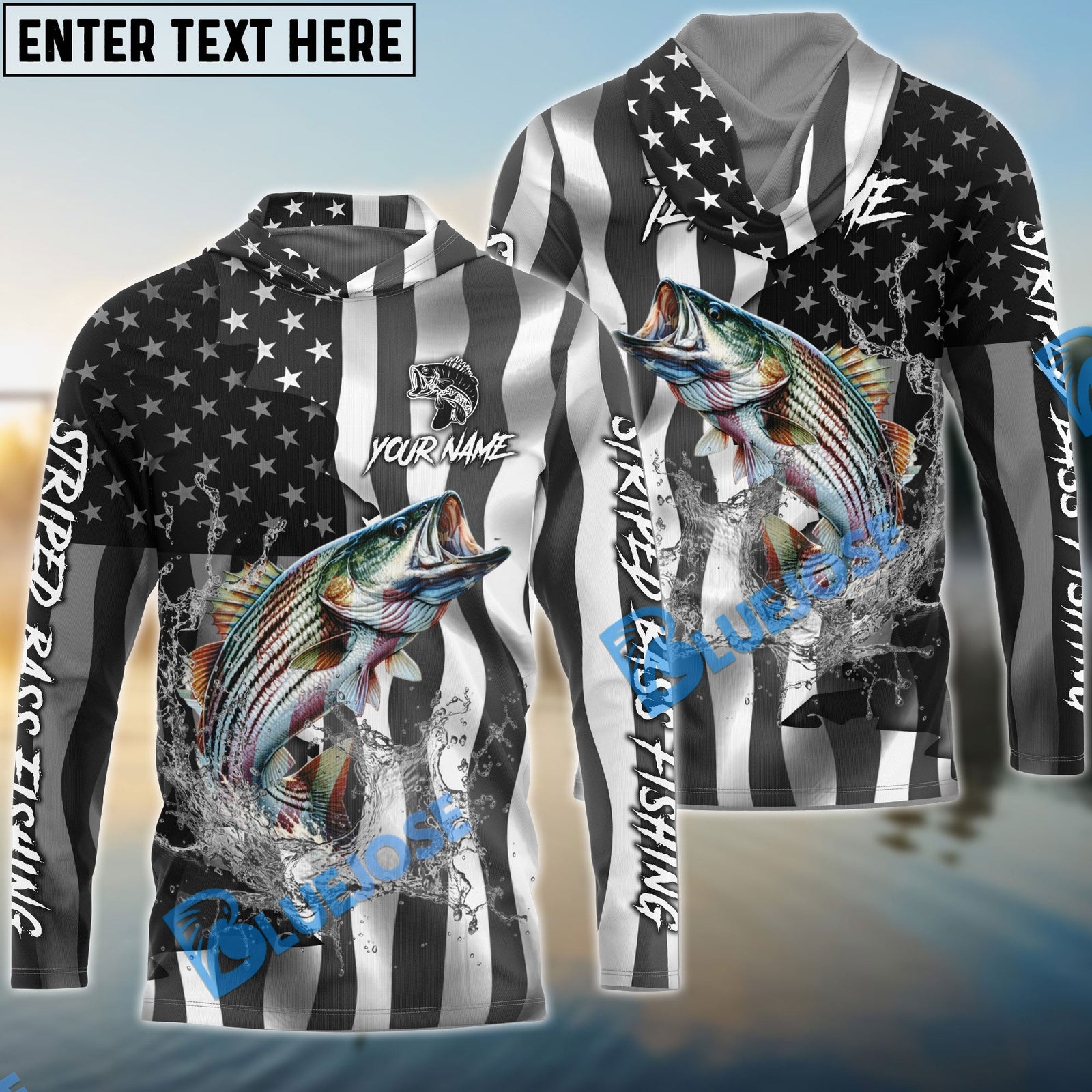 Bluejose Striped Bass Fishing Black American Flag Sport Custom Name & Team Name 3D Shirts