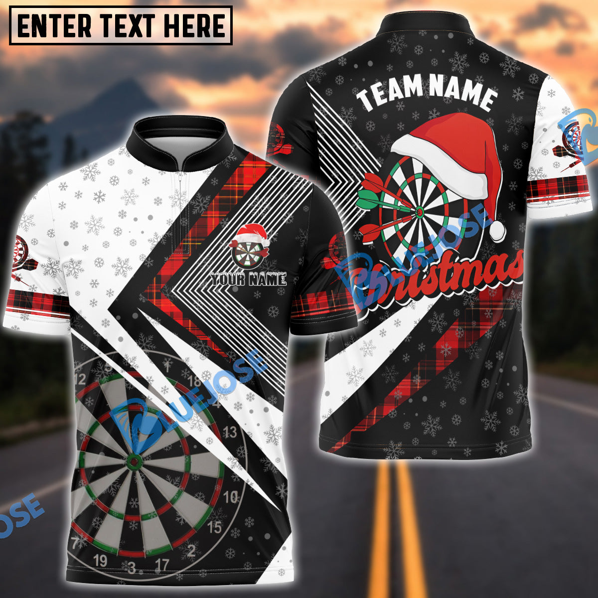BlueJose Darts Dartboard Caro Pattern Xmas Style Personalized Name, Team Name Shirt (4 Colors)