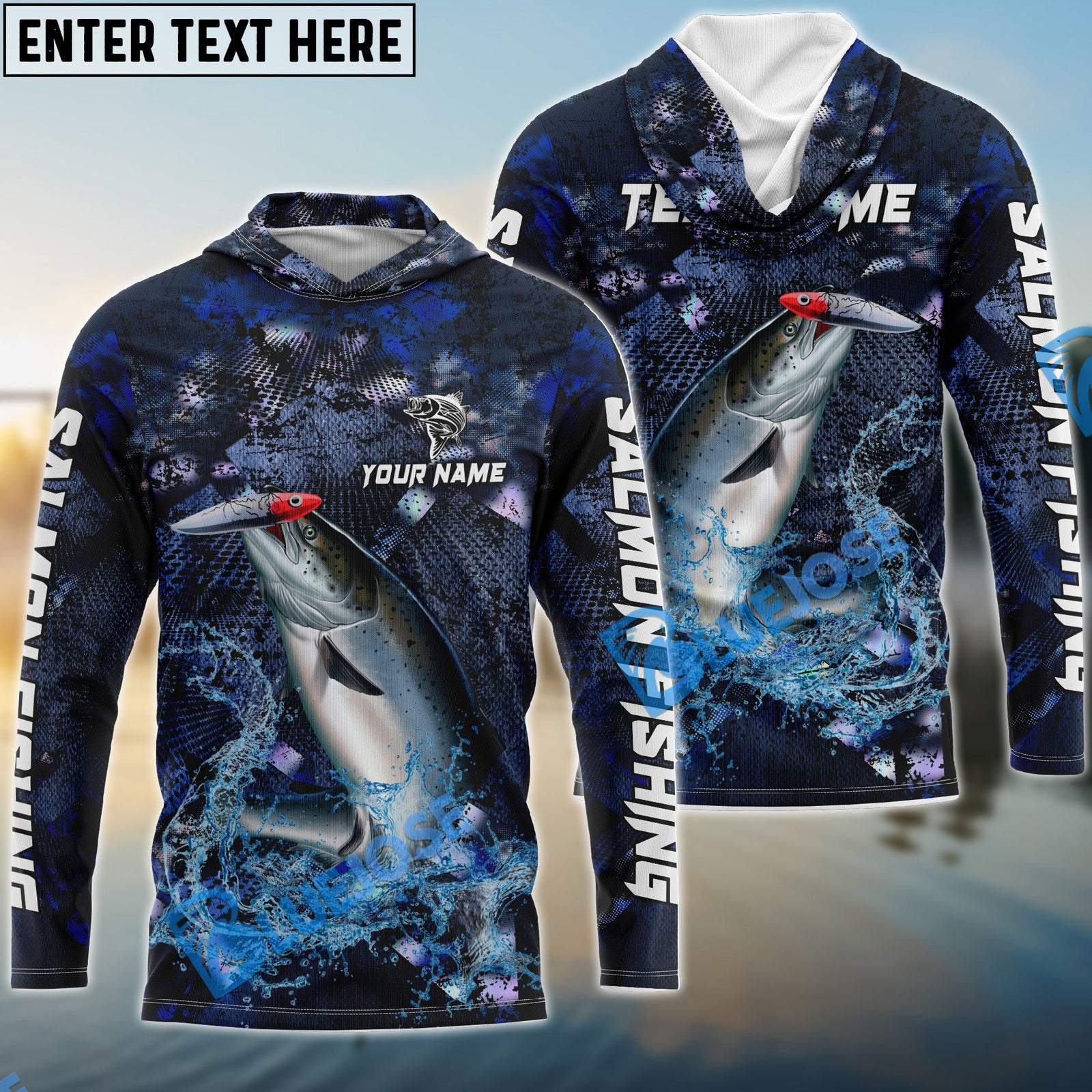 Bluejose Salmon Fishing Dark Blue Camouflage Custom Name & Team Name 3D Shirts