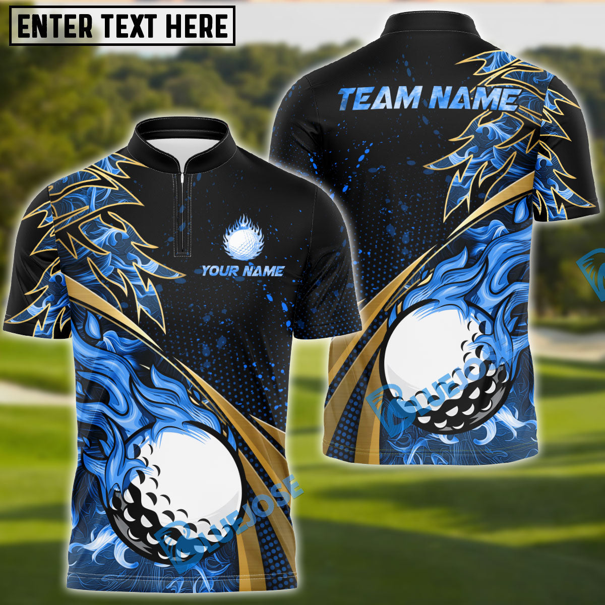 BlueJose Golf Fire Golden Line Premium Multicolor Option Customized Name, Team Name 3D Polo Shirt (6 Colors)