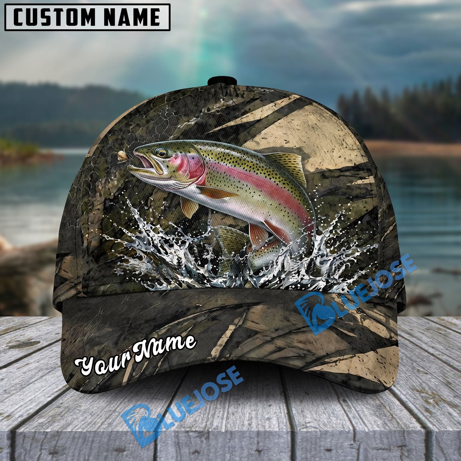 BlueJose Fishing Grass Camouflage Water Splash Personalized Name Classic 3D Cap Personalized Cap (13 Breeds)