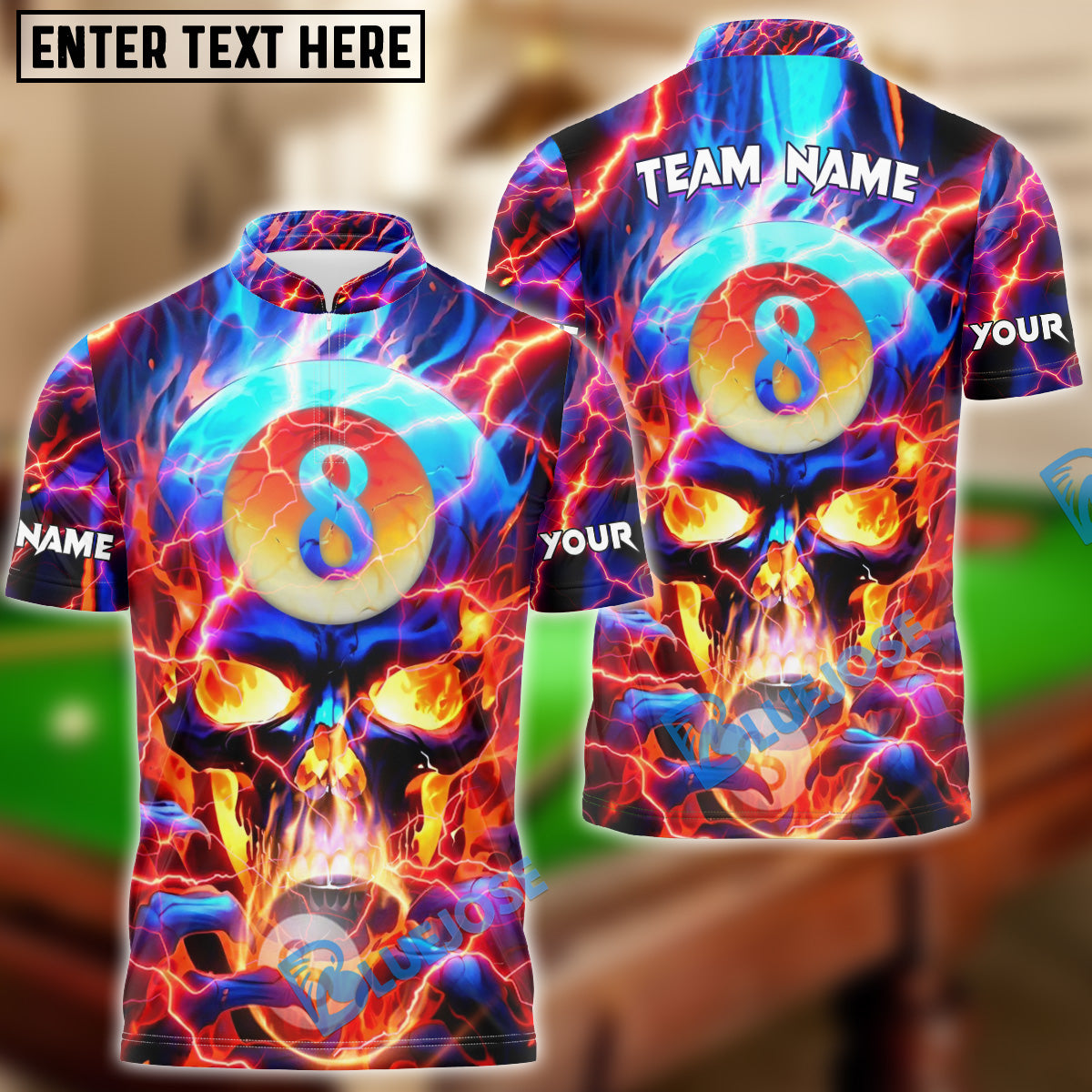 BlueJose Billiards Ball 8 Flame Hollow Skull Personalized Name, Team Name Unisex Shirt (4 Colors)