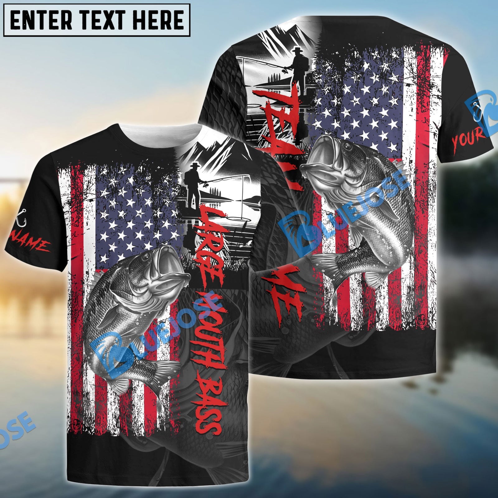 Bluejose Large Mouth Bass Fishing Black US Flag Sport Custom Name & Team Name 3D Shirts