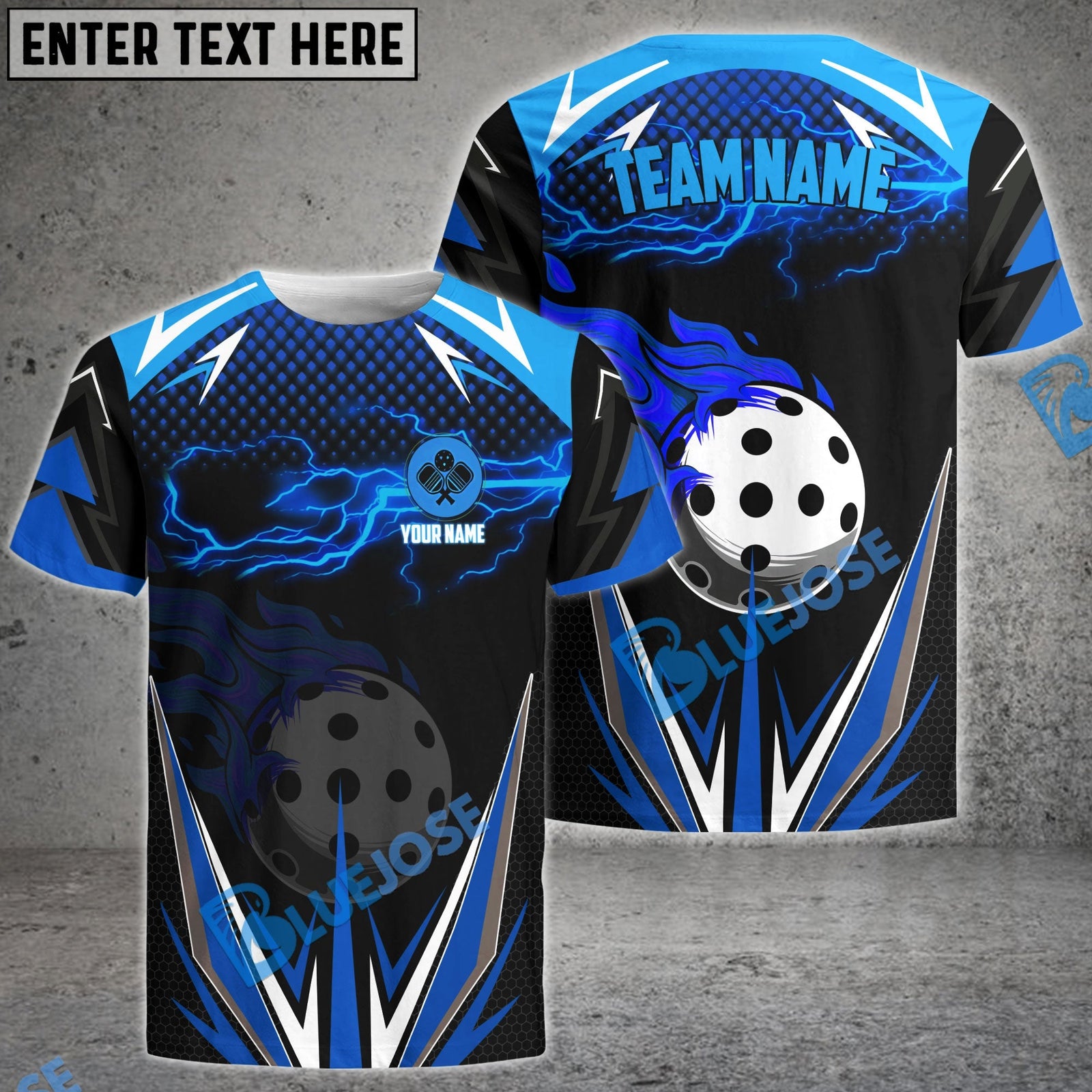 BlueJose Pickleball Blue Fire Lightning Personalized Name, Team Name Unisex Shirt