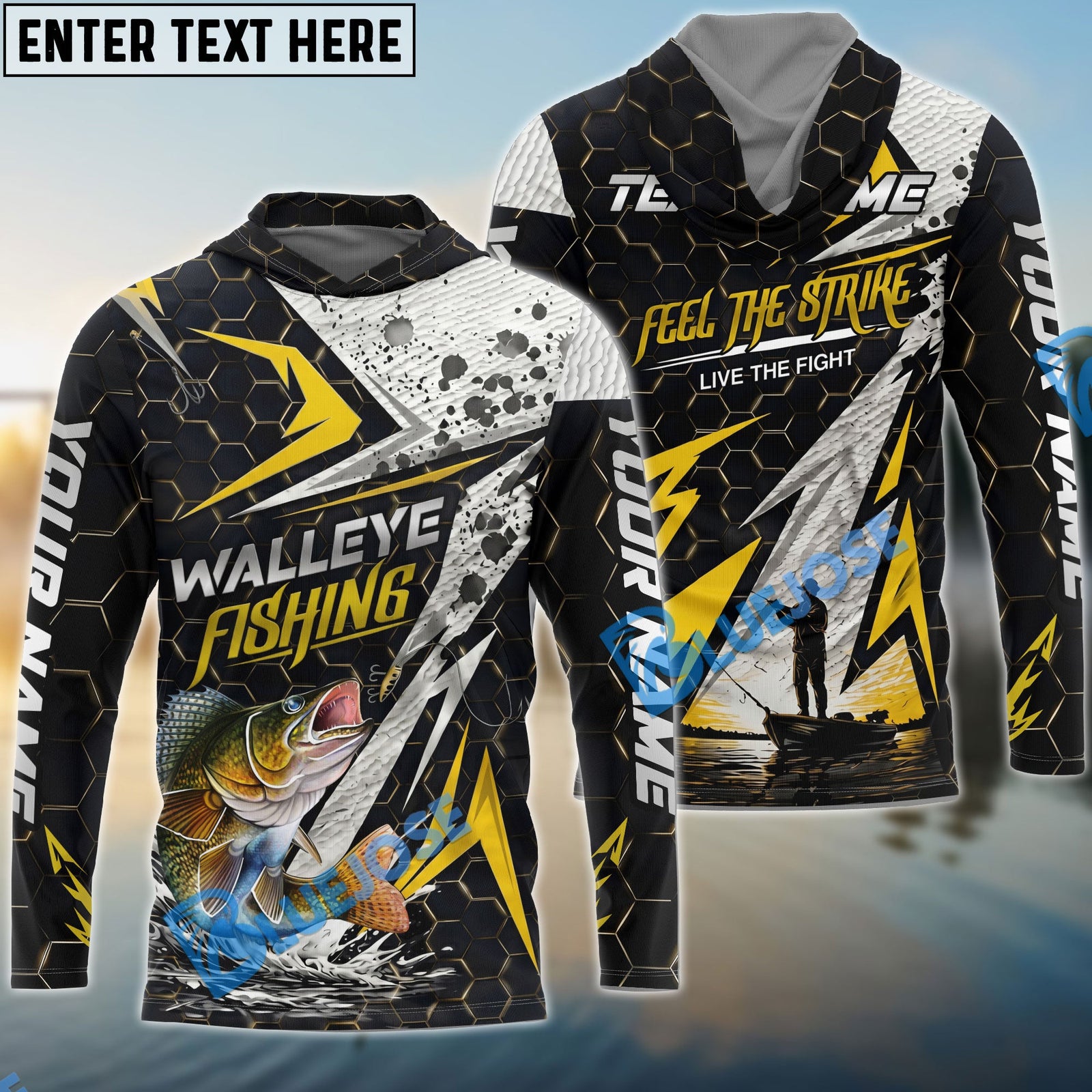 Bluejose Fishing Yellow Thunder Hexagonal Splatter Custom Name & Team Name 3D Shirts (12 Breeds)