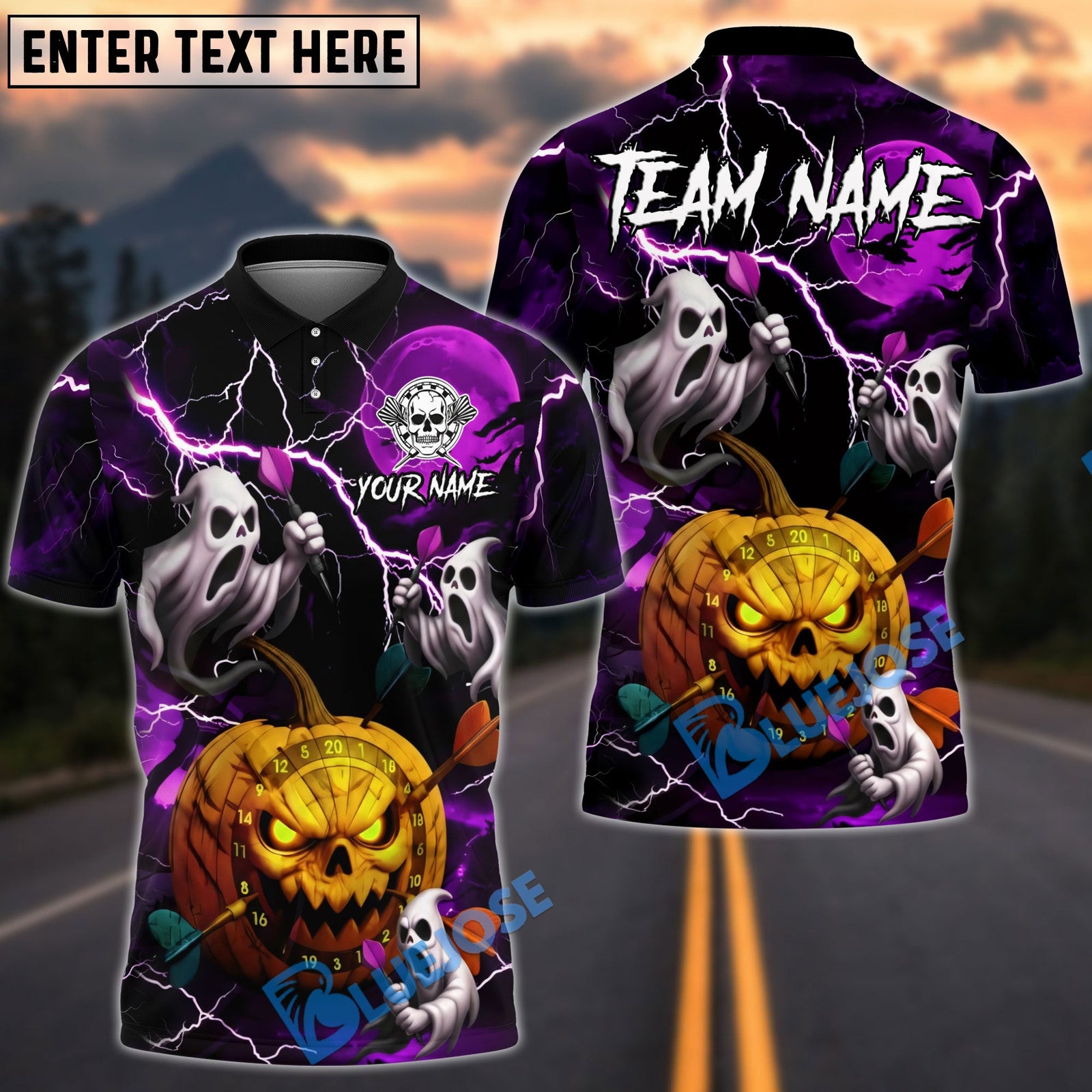 BlueJose Darts Halloween Pumpkin Ghost Lightning Customized Name, Team Name 3D Shirt (4 Colors)