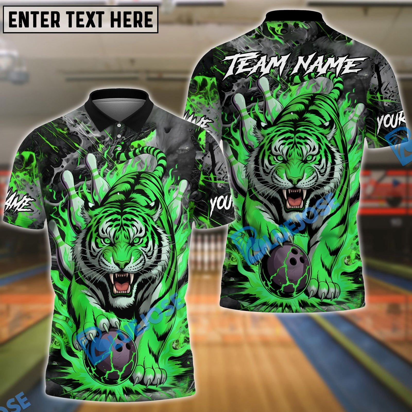BlueJose Bowling And Pins Blaze Tiger Customized Name, Team Name 3D Shirt (6 Colors)
