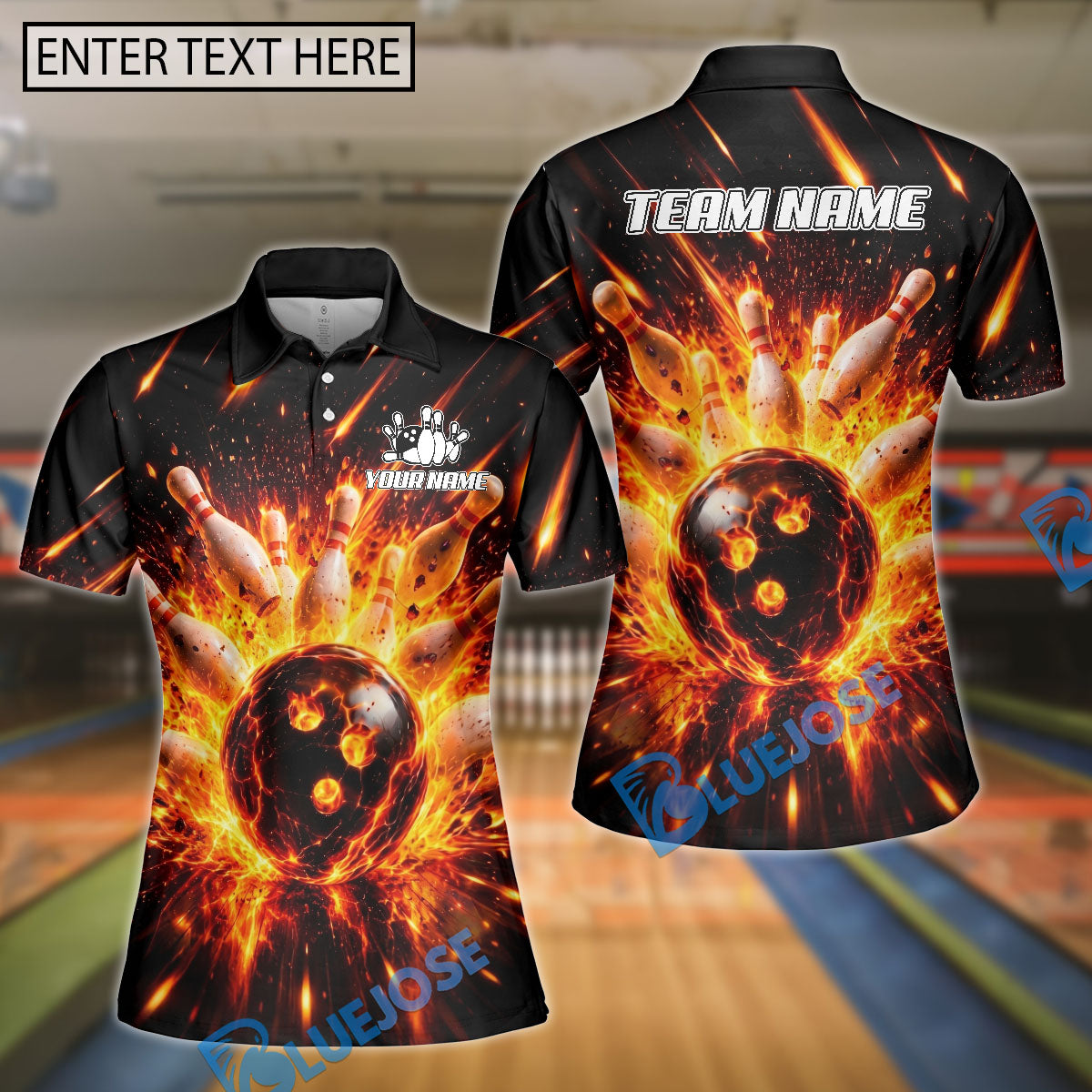 BlueJose Bowling And Pins Flaming Inferno Strike Customized Name, Team Name 3D Shirt (4 Colors)