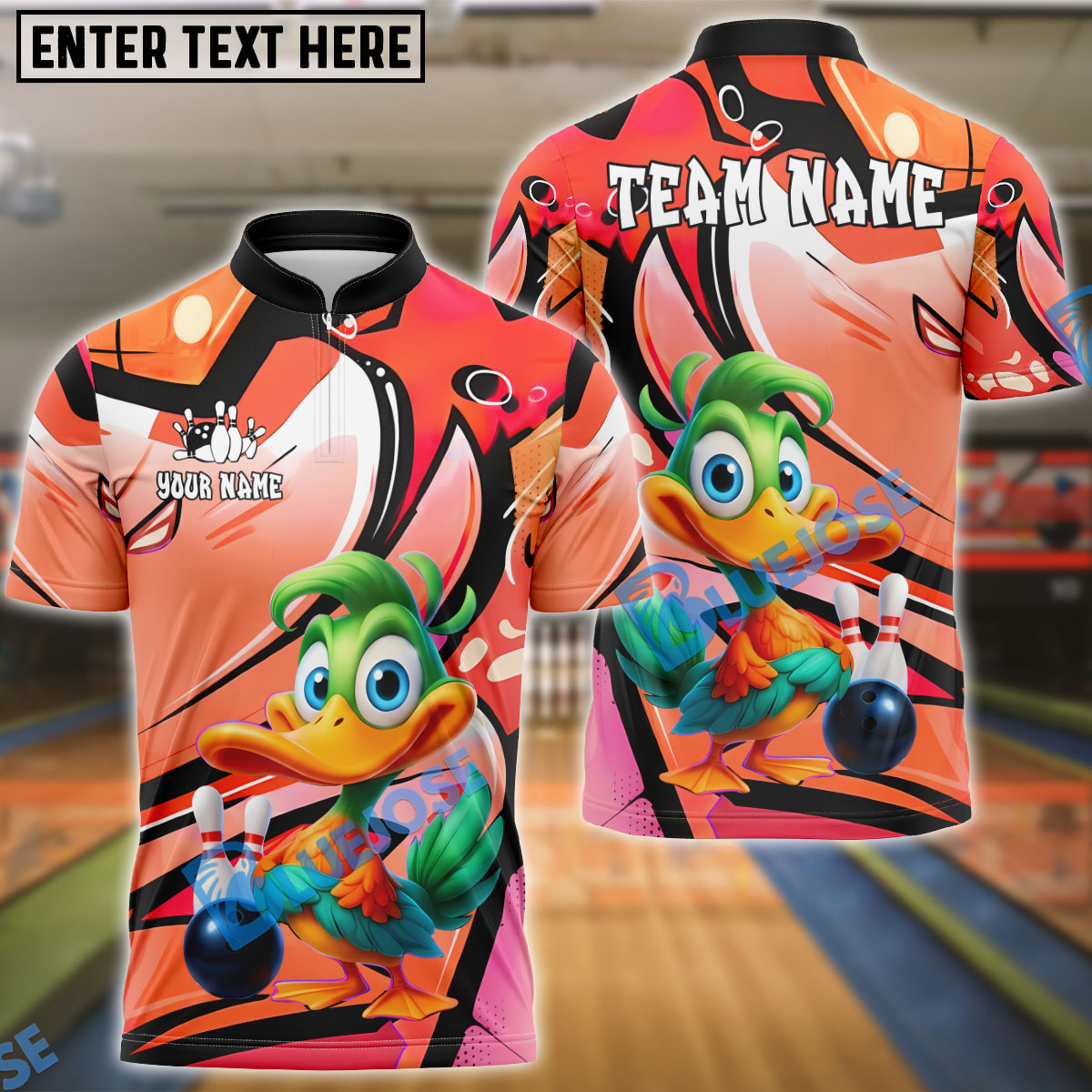 BlueJose Bowling And Pins Cartoon Duck Graffiti Customized Name, Team Name 3D Shirt (4 Colors)