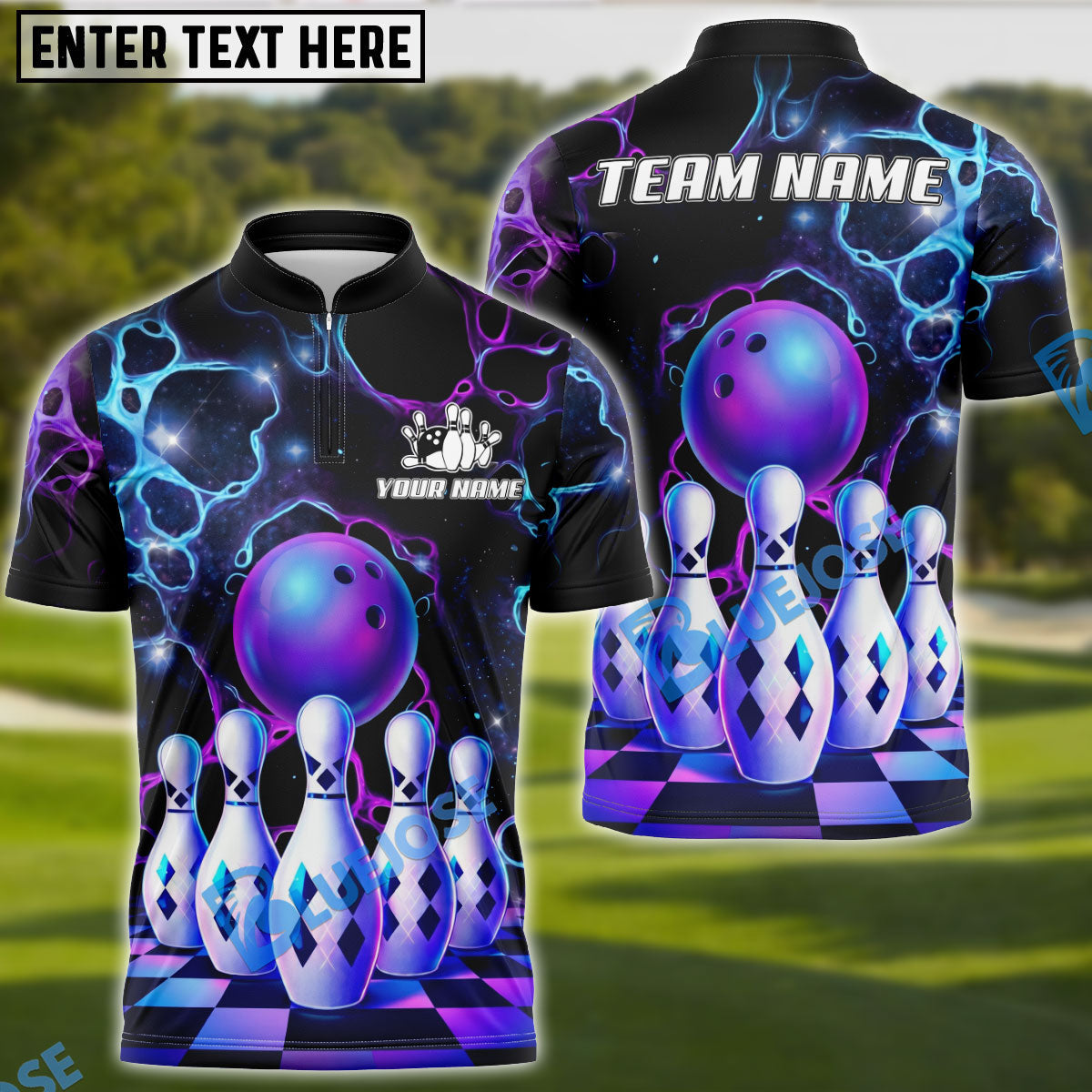 BlueJose Bowling And Pins Galaxy Neon Ball and Pins Customized Name, Team Name 3D Shirt (4 Colors)