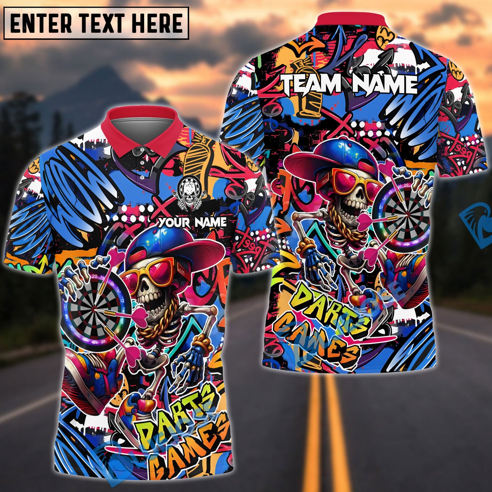 BlueJose Darts Funny Skull Colorful Graffiti Personalized Name, Team Name Shirt (4 Colors)