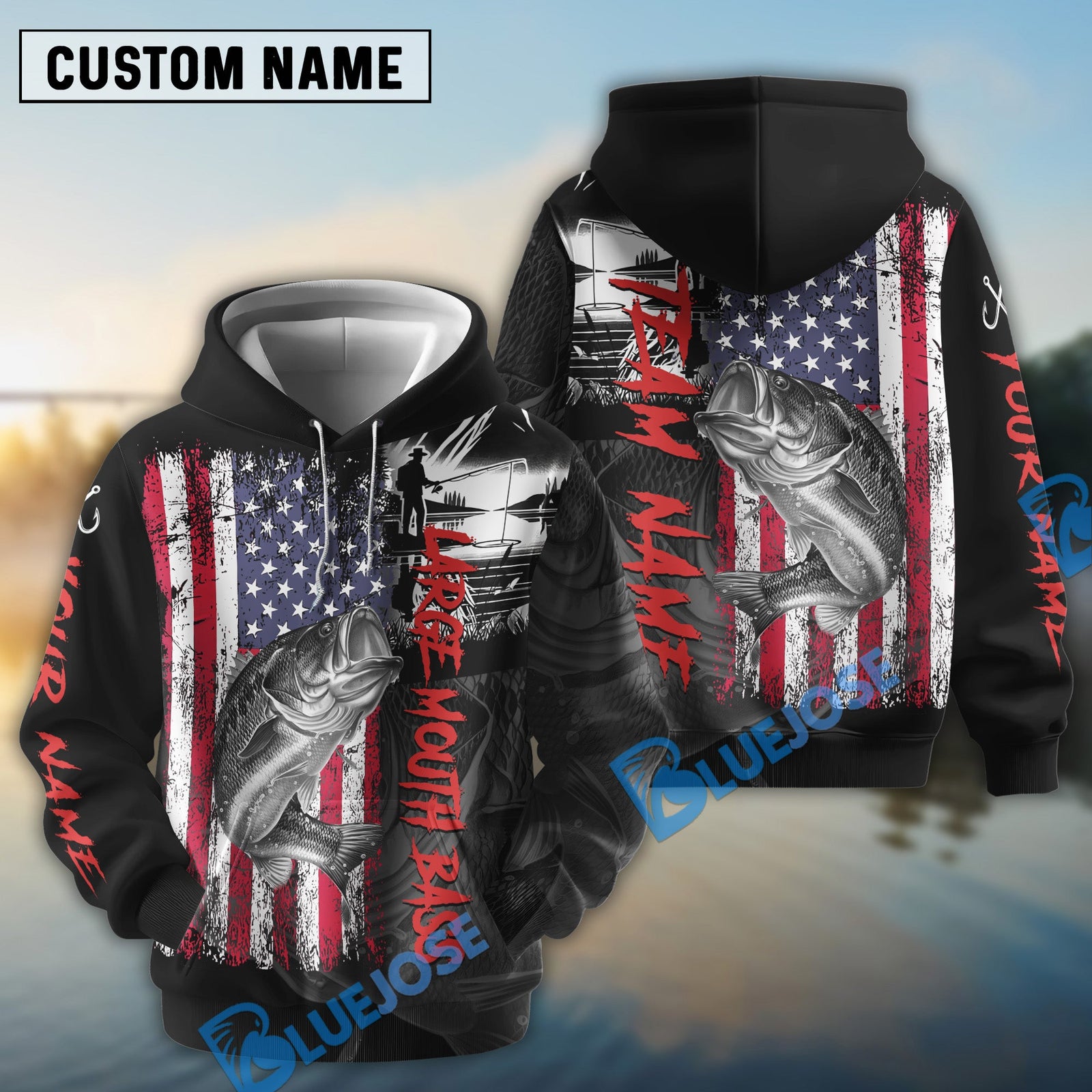 Bluejose Large Mouth Bass Fishing Black US Flag Sport Custom Name & Team Name 3D Shirts