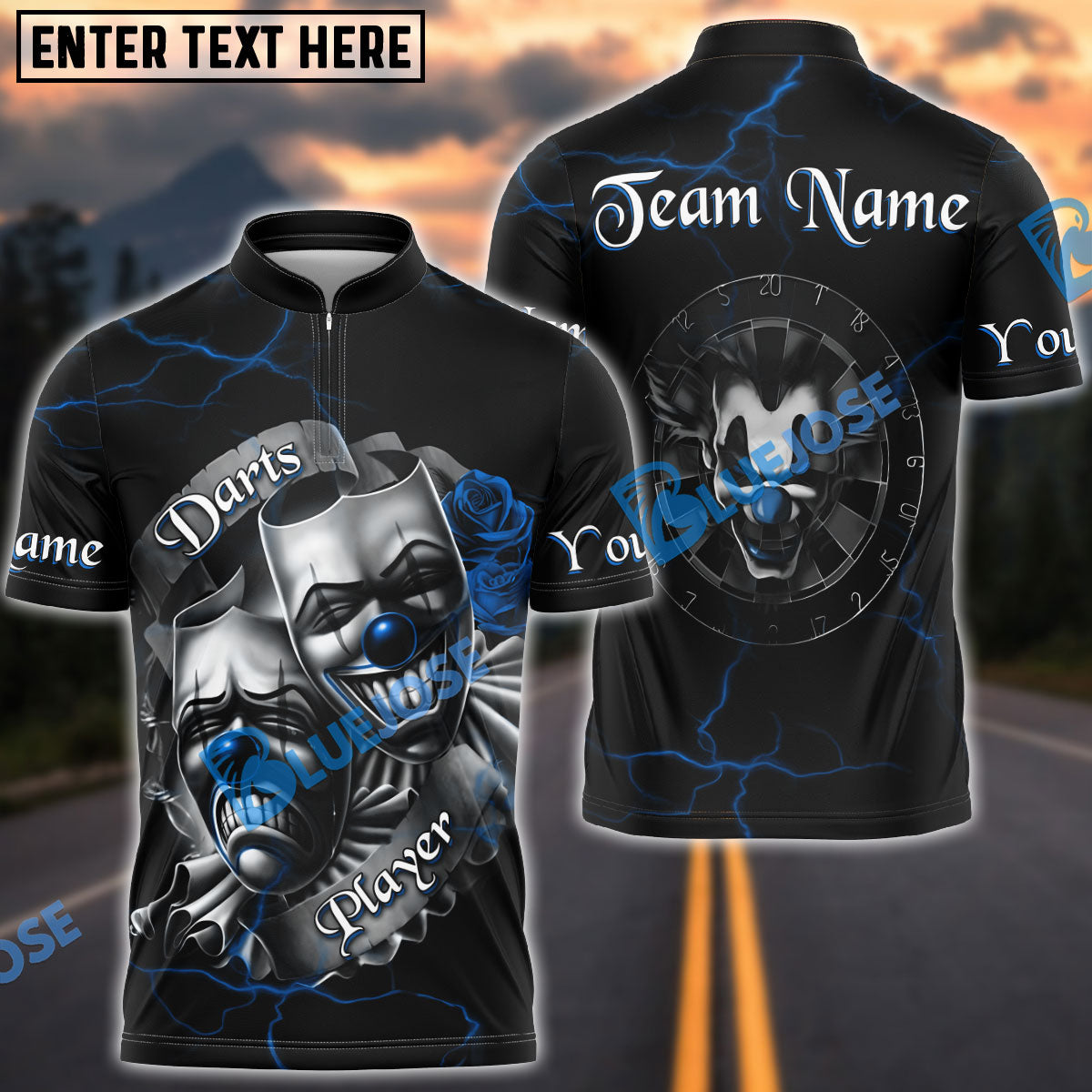 BlueJose Darts Evil Clown & Mask Design Multicolor Options Personalized Name Shirt (4 Colors)