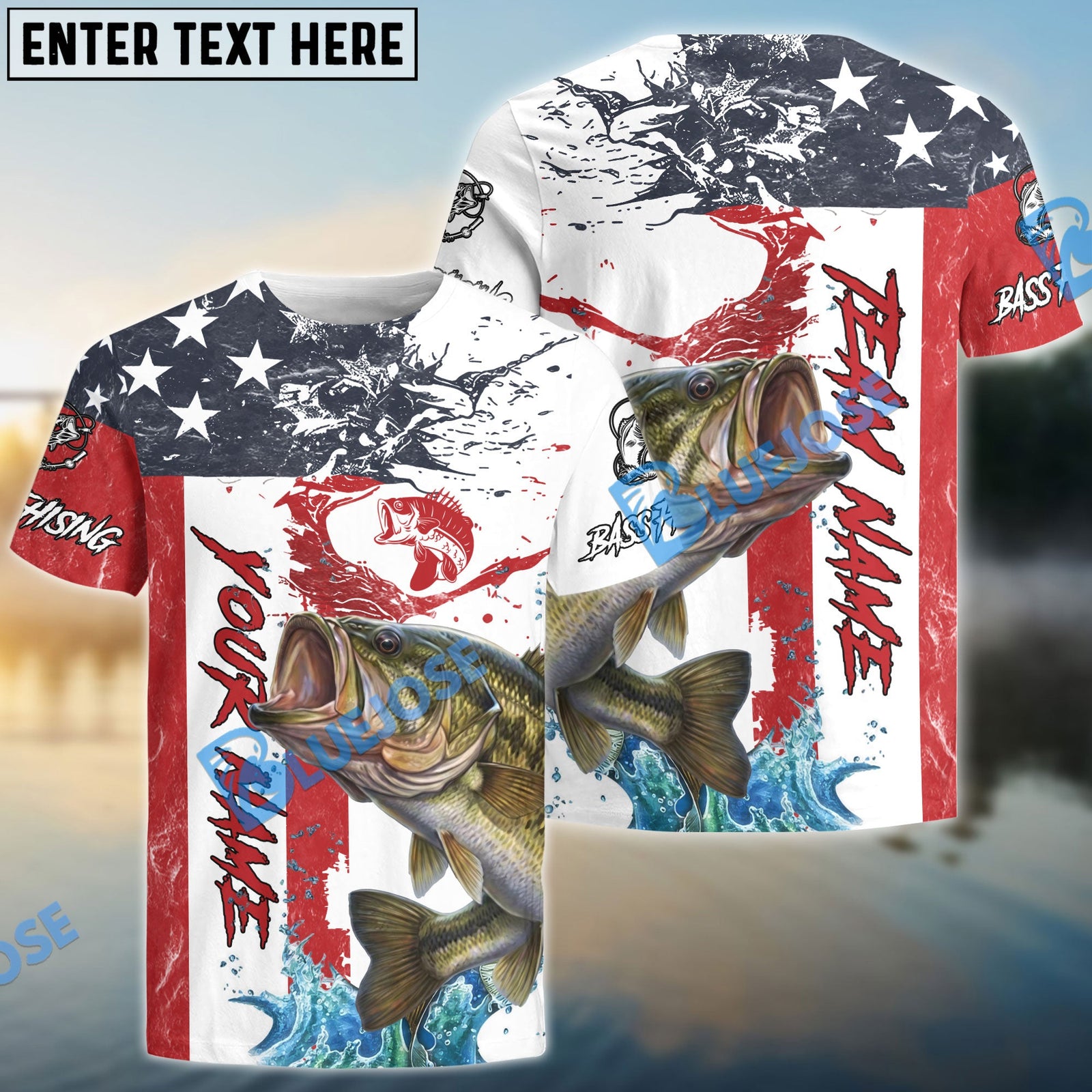 Bluejose Bass Fishing American Flag Red Blue Seawave Custom Name & Team Name 3D Shirts