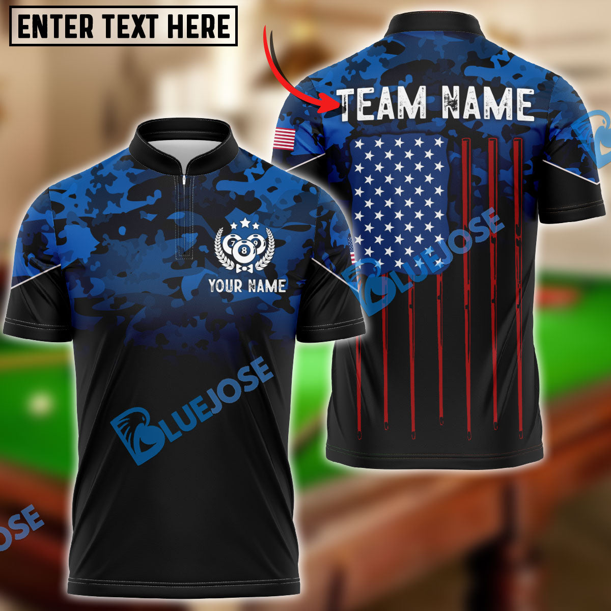 BlueJose Billiard Navy US Flag Pattern Personalized Name, Team Name Unisex Shirt