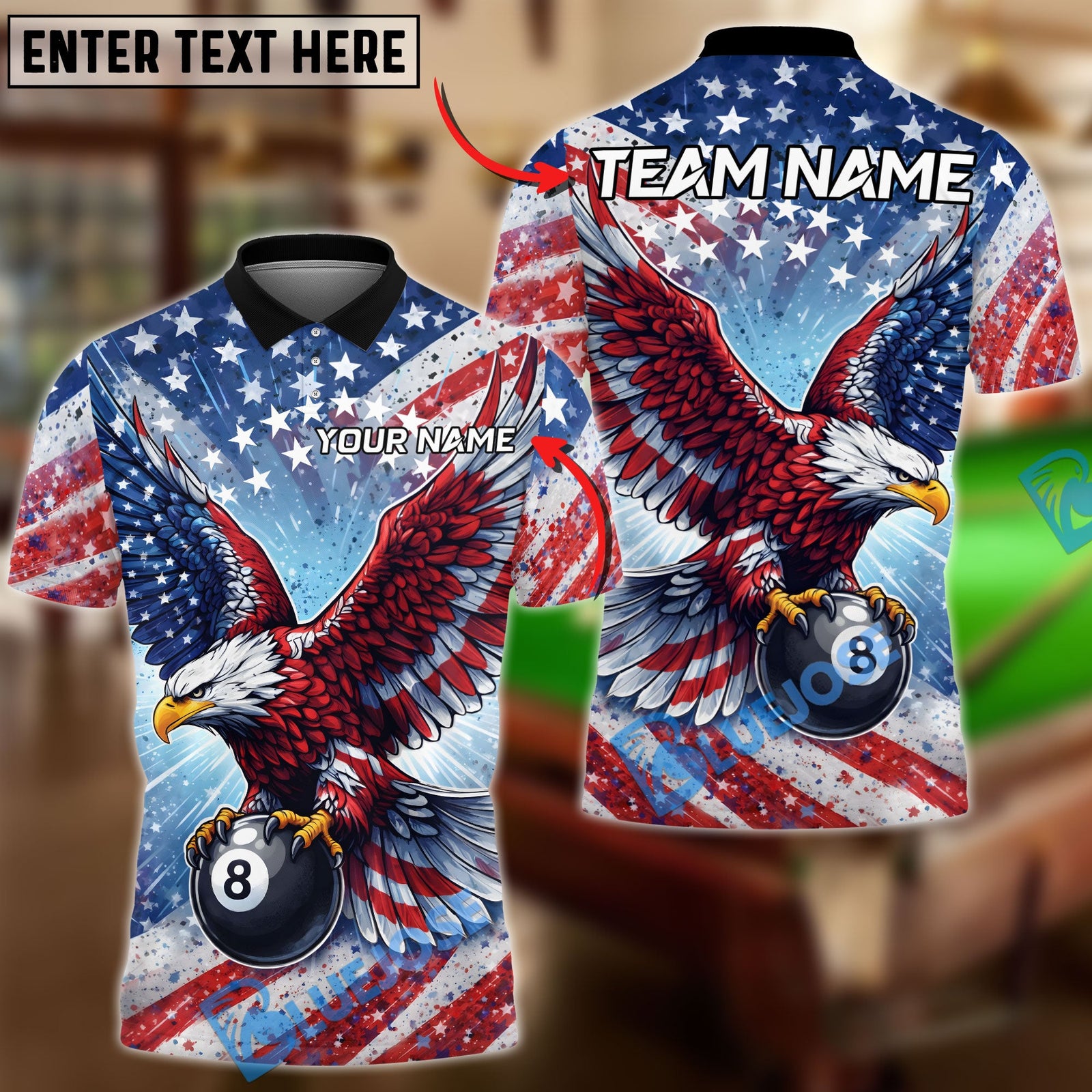 BlueJose Billiards 8 Ball USA Flag Eagle Personalized Shirt