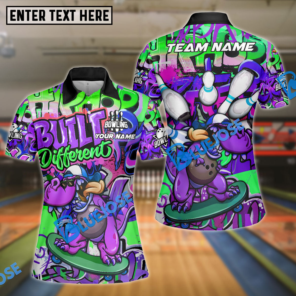 BlueJose Bowling & Pins Built Different Skateboard Dinosaur Graffiti Customized Name, Team Name 3D Shirt (4 Colors)