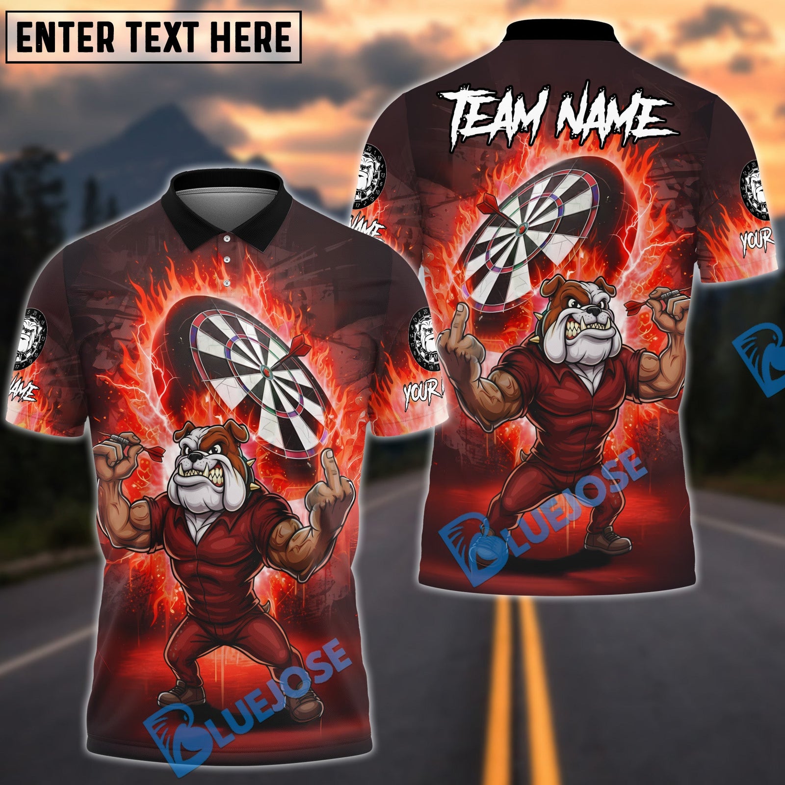 BlueJose Darts Bulldog Fire Flame Customized Name, Team Name 3D Shirt (4 Colors)