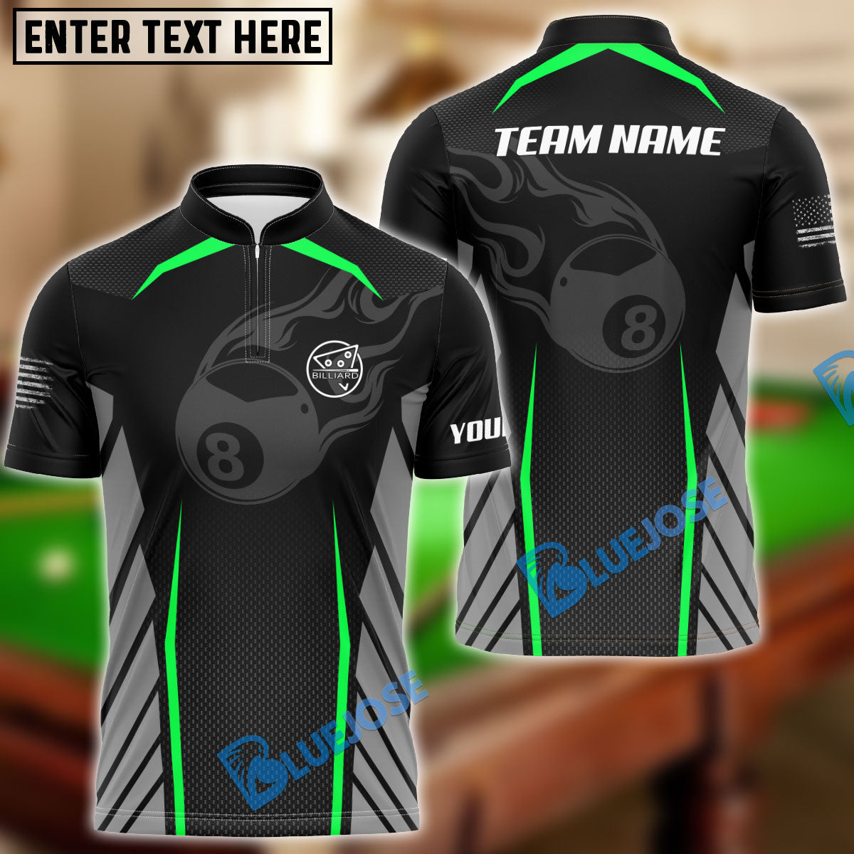 BlueJose Flame 8 Ball Billiards Personalized Name Shirt for Team (6 Colors)
