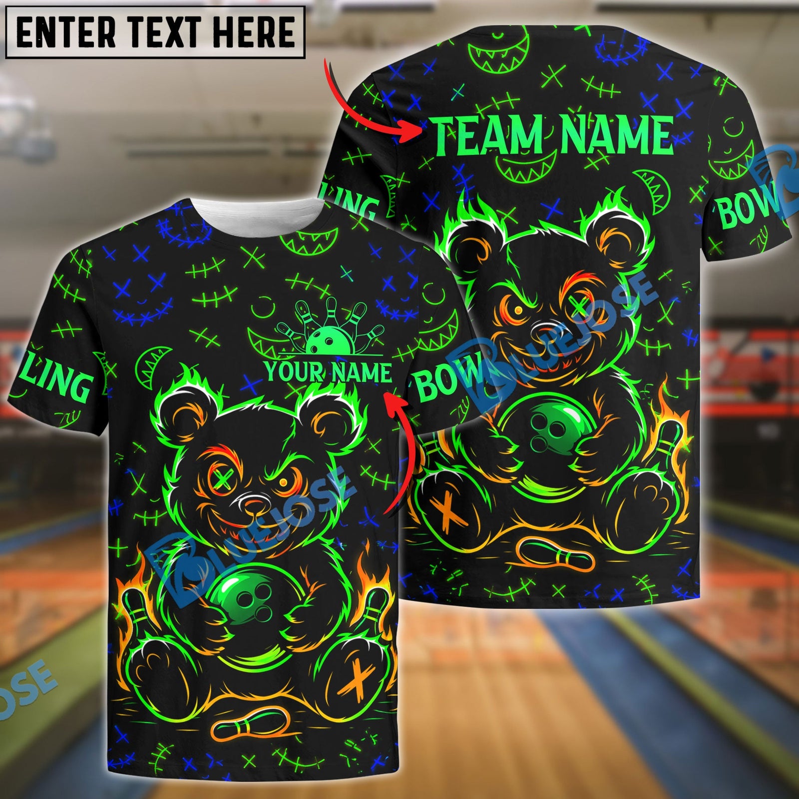 BlueJose Bowling And Pins Scary Teddy Bear With X Eye Customized Name, Team Name 3D Shirt (4 Colors)