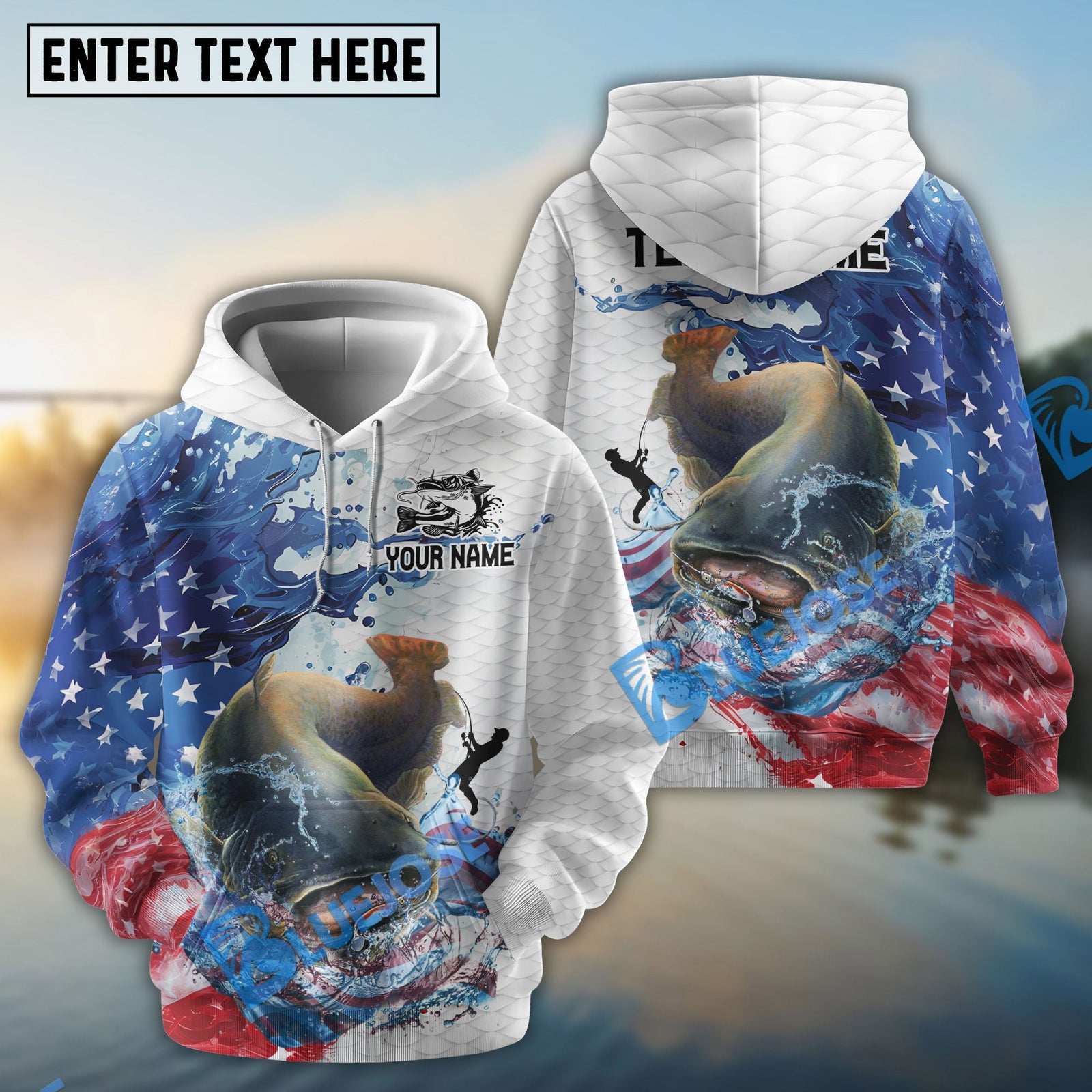 Bluejose Catfish Fishing Patriotic American Flag Wave White Skin Custom Name & Team Name 3D Shirts