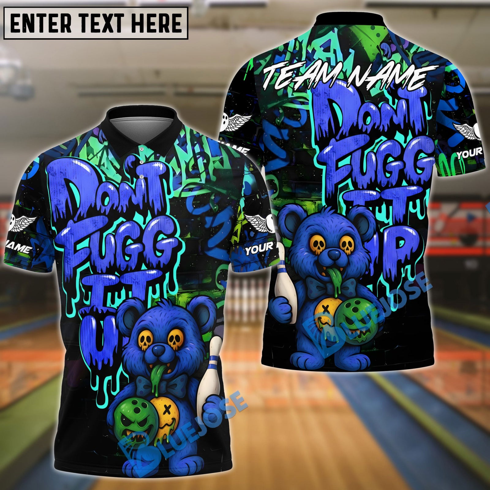 BlueJose Bowling And Pins Bear Scary Teddy Graffiti Style Don't Fugg Customized Name, Team Name 3D Shirt (4 Colors)