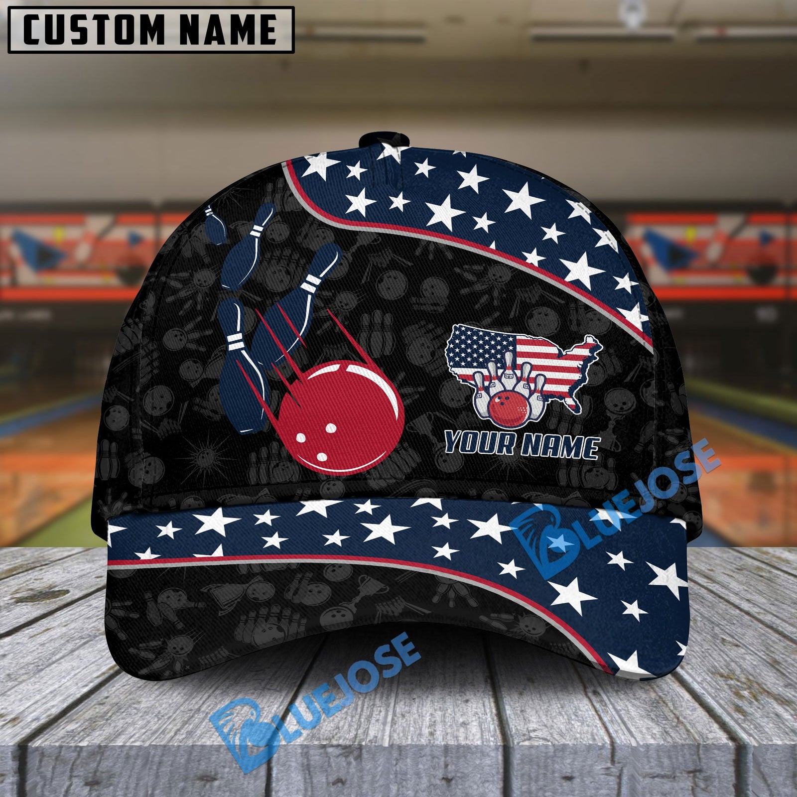 BlueJoses Bowling And Pins American Flag Multicolor Personalized Name Cap