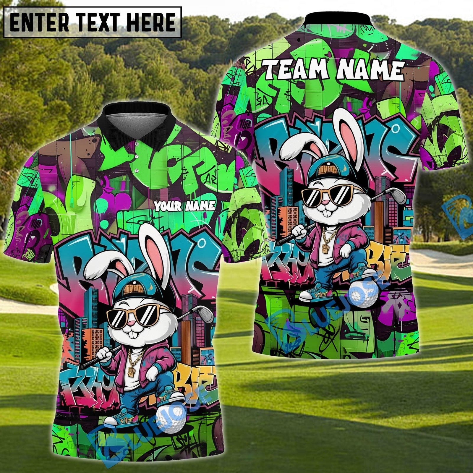BlueJose Graffiti Bunny Golf Polo Customized Name, Team Name 3D Shirts (4 Colors)