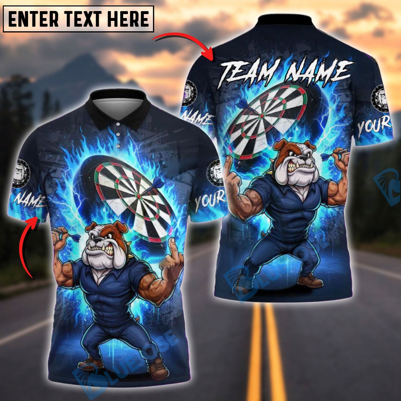 BlueJose Darts Bulldog Fire Flame Customized Name, Team Name 3D Shirt (4 Colors)