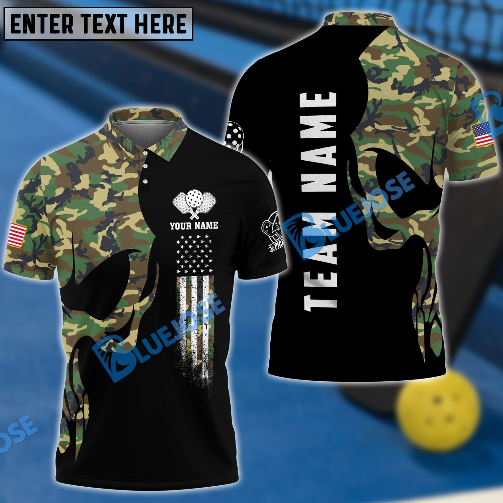 BlueJose Pickleball Skull Camo Personalized Name, Team Name Unisex Shirt (4 Colors)