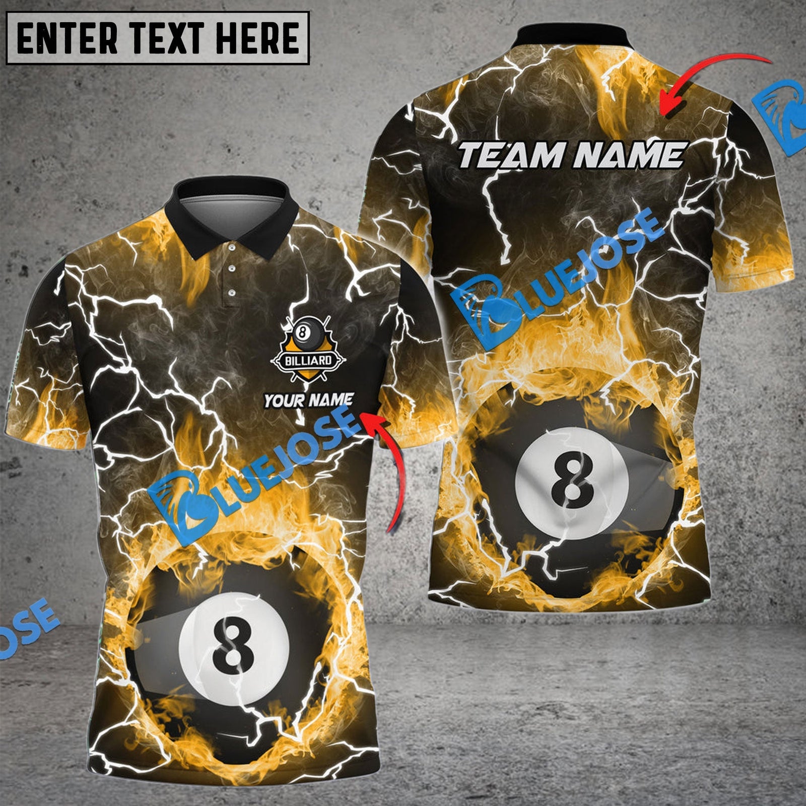 BlueJose Billiards Ball 8 Fire Rays Of Light Texture Personalized Name Shirt (6 Colors)