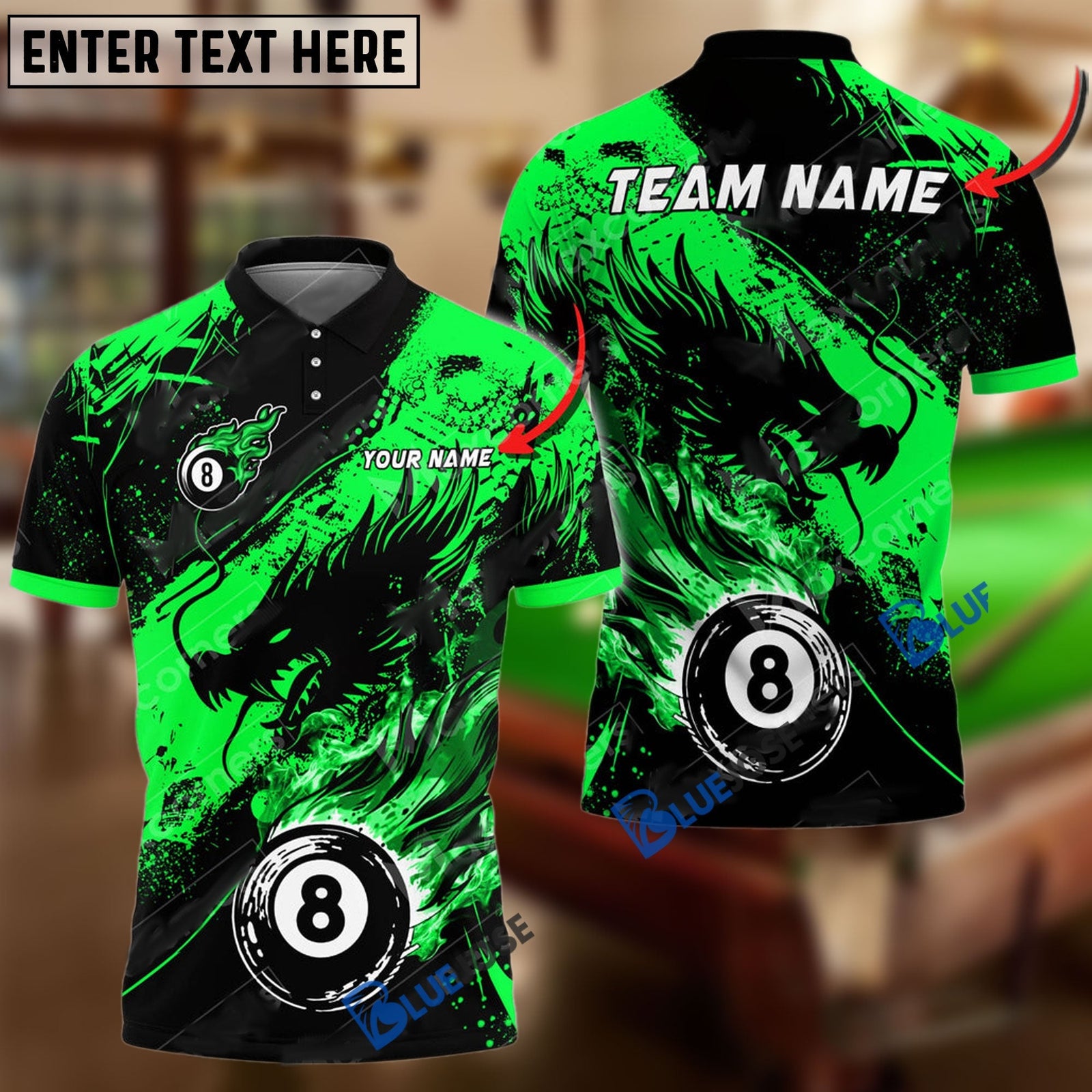 BlueJose Billiards Ball 8 Ink Fire Dragon Personalized Name Shirt (6 Colors)