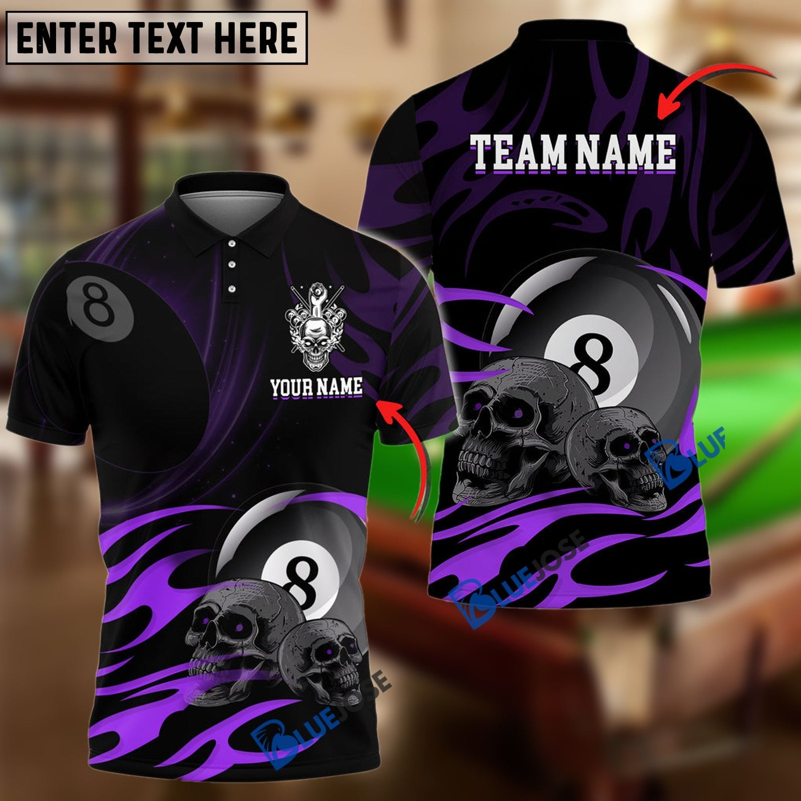 BlueJose Billiards Ball 8 Skulls Personalized Name, Team Name Unisex Shirt (6 Colors)