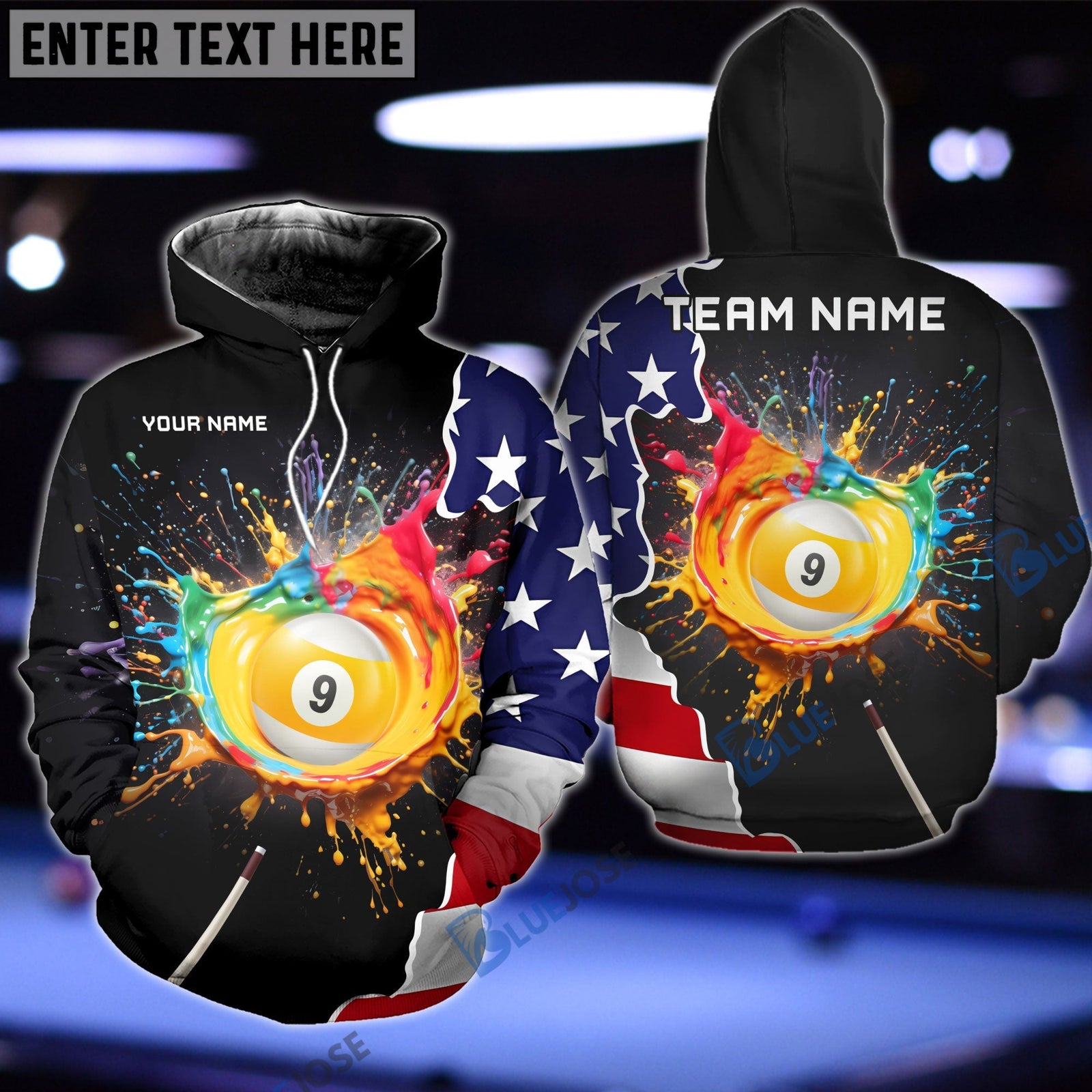 BlueJose Billiards 9-Ball Colorful Paint USA Flag Personalized 3D Shirt
