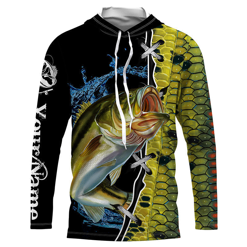 Bluejose Largemouth Bass Fishing Green Bass Scales Custom Name Bass Fishing Long Sleeve, Long Sleeve Hooded