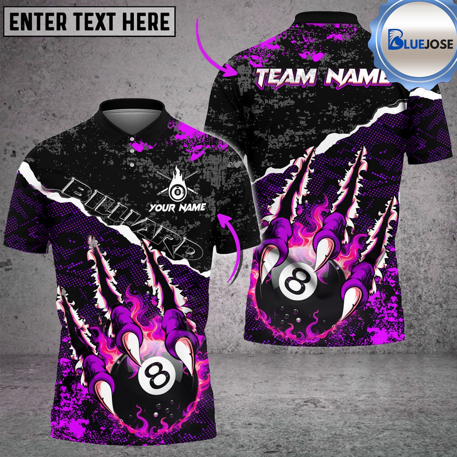 BlueJose Billiards Ball 8 Monster Hand Pro Personalized Name & Team Name Shirt (4 Colors)