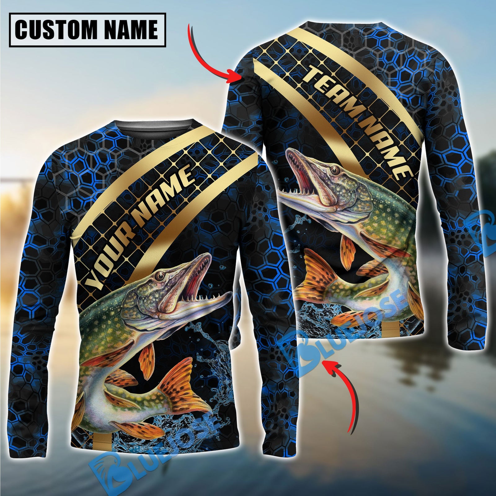 Bluejose Fishing Blue Gold Honeycomb Water Custom Name & Team Name 3D Shirts (12 Breeds)