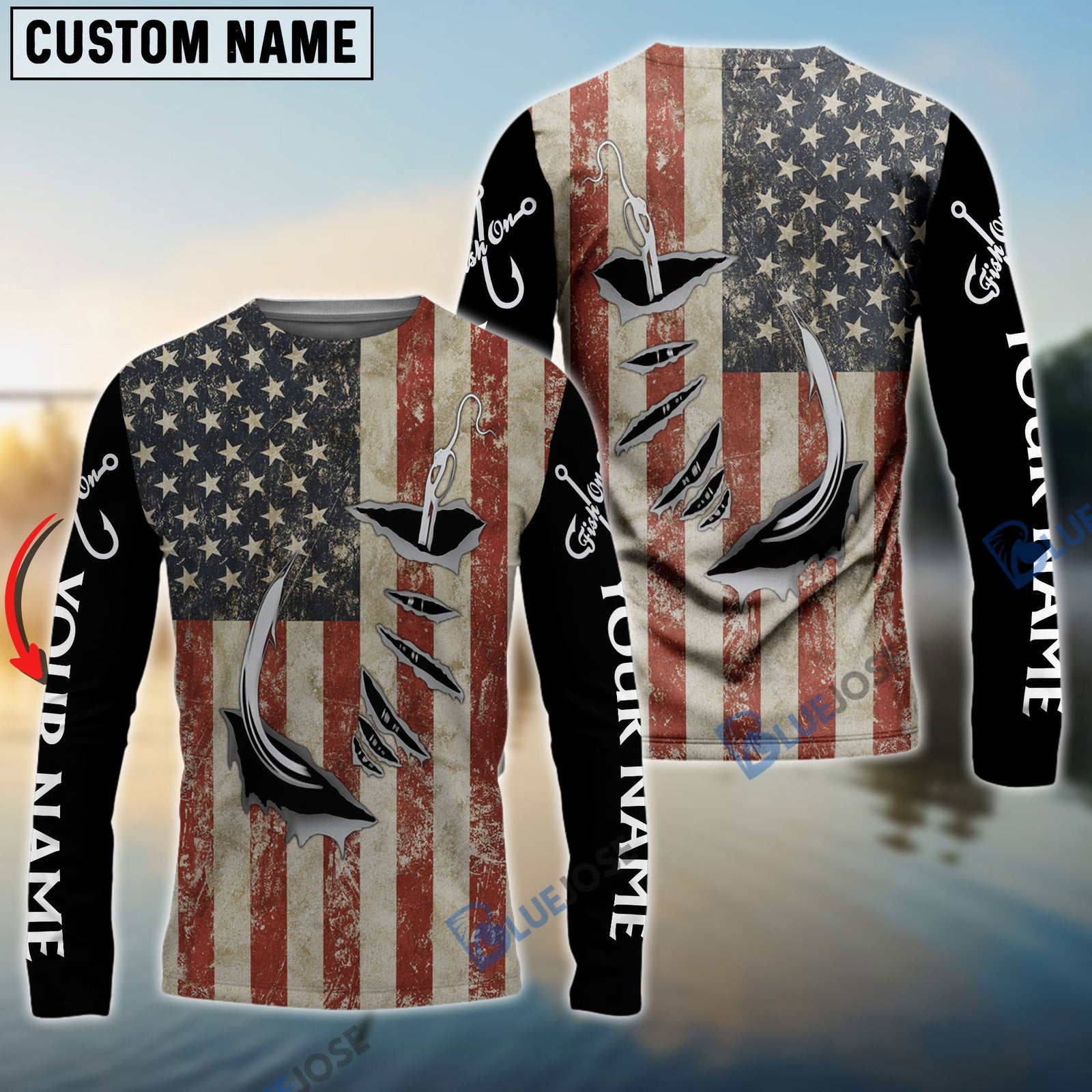 Bluejose Us Fishing 3D Fish Hook American Flag Patriotic Fish On Quick Dry Customize Name Long Sleeves Shirts