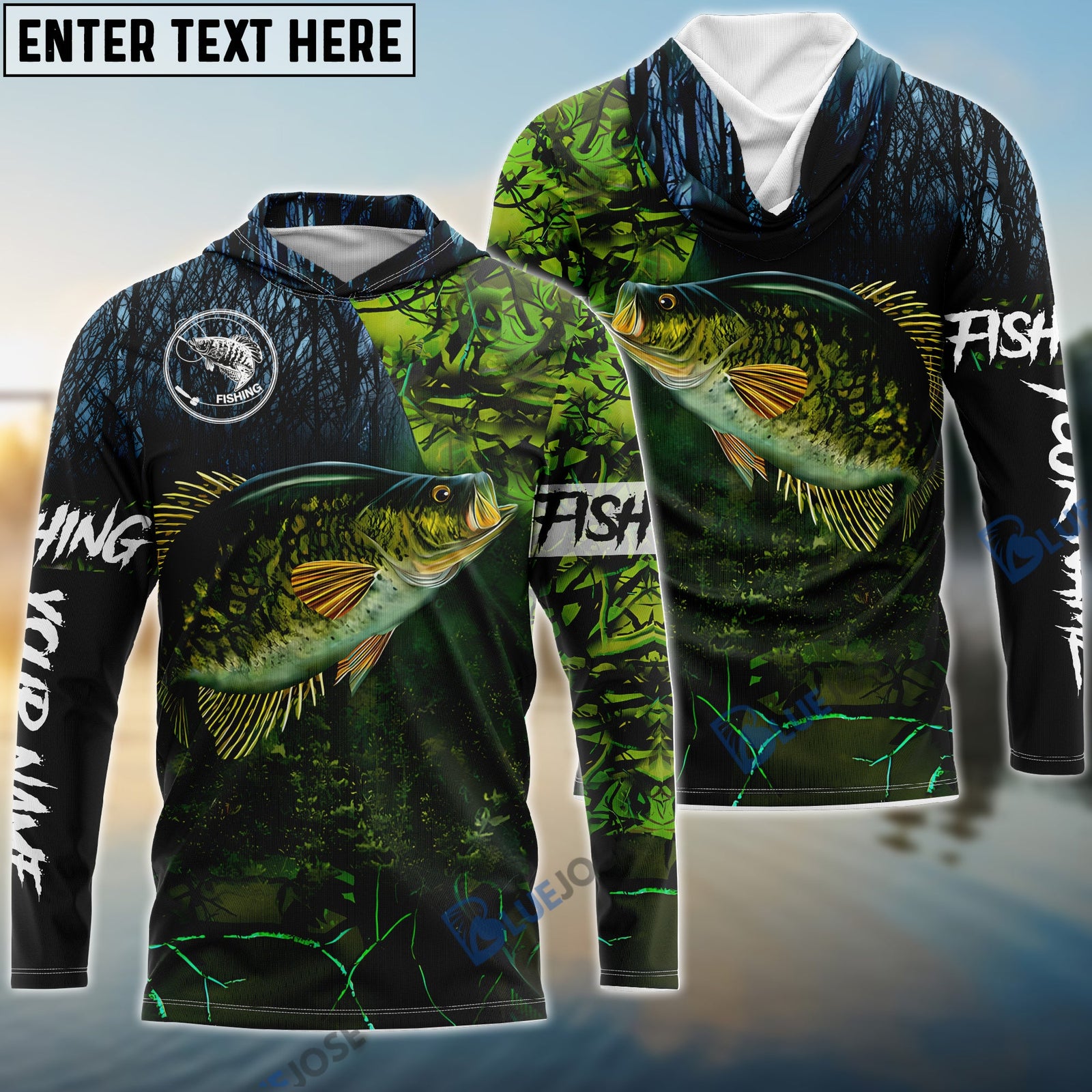 Bluejose Crappie Fishing Green Camo Custom Name Performance Long Sleeve Fishing Shirts