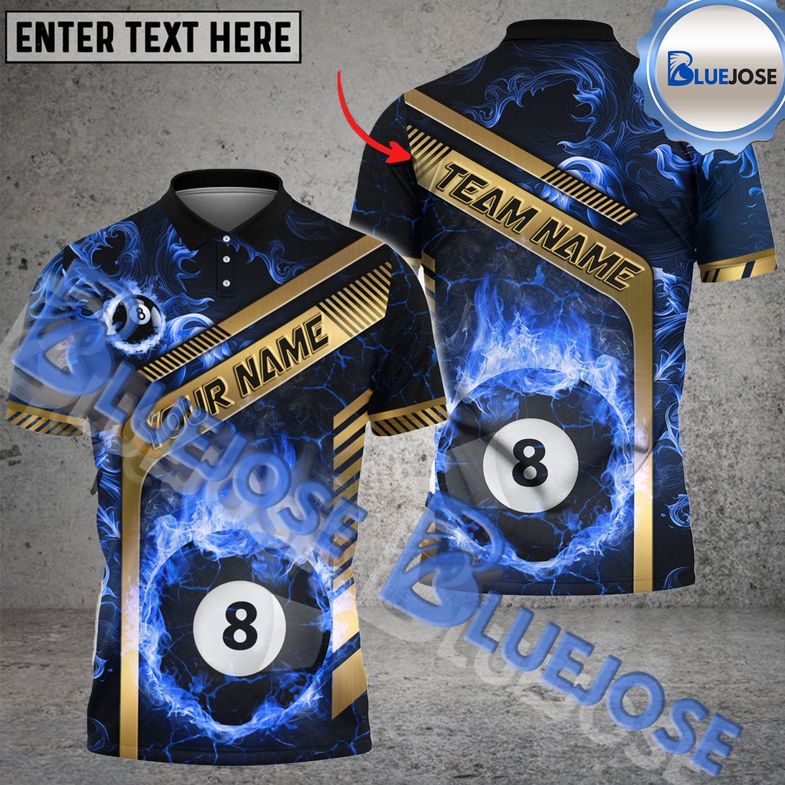 BlueJose Billiards Ball 8 Flame Golden Line Premium Personalized Name Shirt (4 Colors)