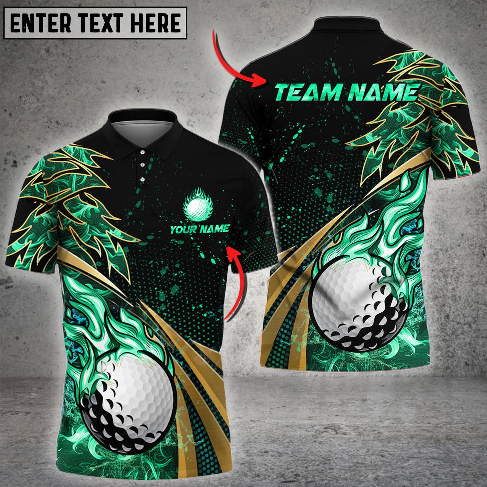 BlueJose Golf Fire Golden Line Premium Multicolor Option Customized Name, Team Name 3D Polo Shirt (6 Colors)